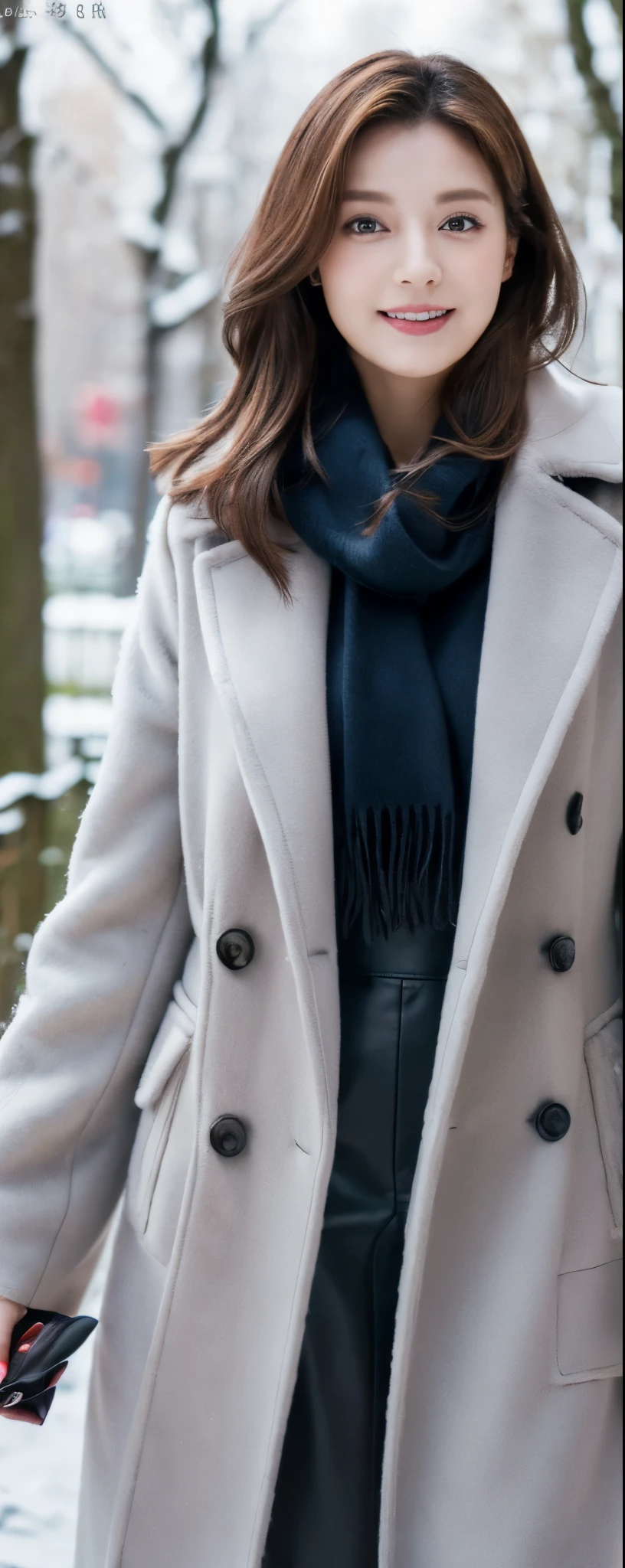 (((32K,very high res, high detailing, highly accurate,Masterpiece Girl 1:1.5))), Raw photo & realistic atmosphere, beautiful dark blue eyes,Detailed mouth,Glossy lips,Detailed eyebrows,Soft white skin that shines with every detail, Eyes drawn in detail(Full body:1), 1 noble elegant Japanese lady, (standing contrapposte), winter season, ((black color coodinate, wearing over-size nouton coat, winter fluffy scarf, grey long skirt, legging, wearing long boots)), Shiny, Smile, Looks like 1.8 meters tall, large pelvis, Large breasts, big cuvy hips, Thin waist, Long legs, skin hyper-detail, 20 years old, Perfect face, (Detailed facial features), Wavy hair, Daylight, winter season, snazzy cafe,