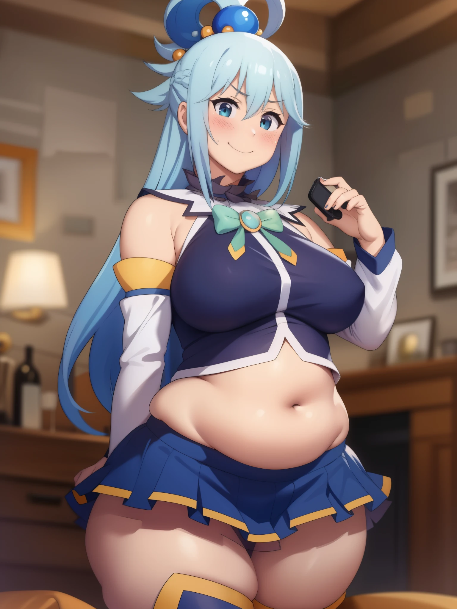 aqua \(konosuba\), ((highres)), Masterpiece, high quality, best quality, beautiful, perfect lighting, detailed face, ultra cute face, (blush), ((1girl)), ((solo)), Separated sleeves, blue blouse, skirt, thigh boots, Hair ornament, Hair ring, Long hair, blue hair, (blush), seductive smile, looking at viewer, standing, medium breasts, (wide hips), ((thick thighs)), (chubby), chubby belly, fat folds, belly hang, living room,