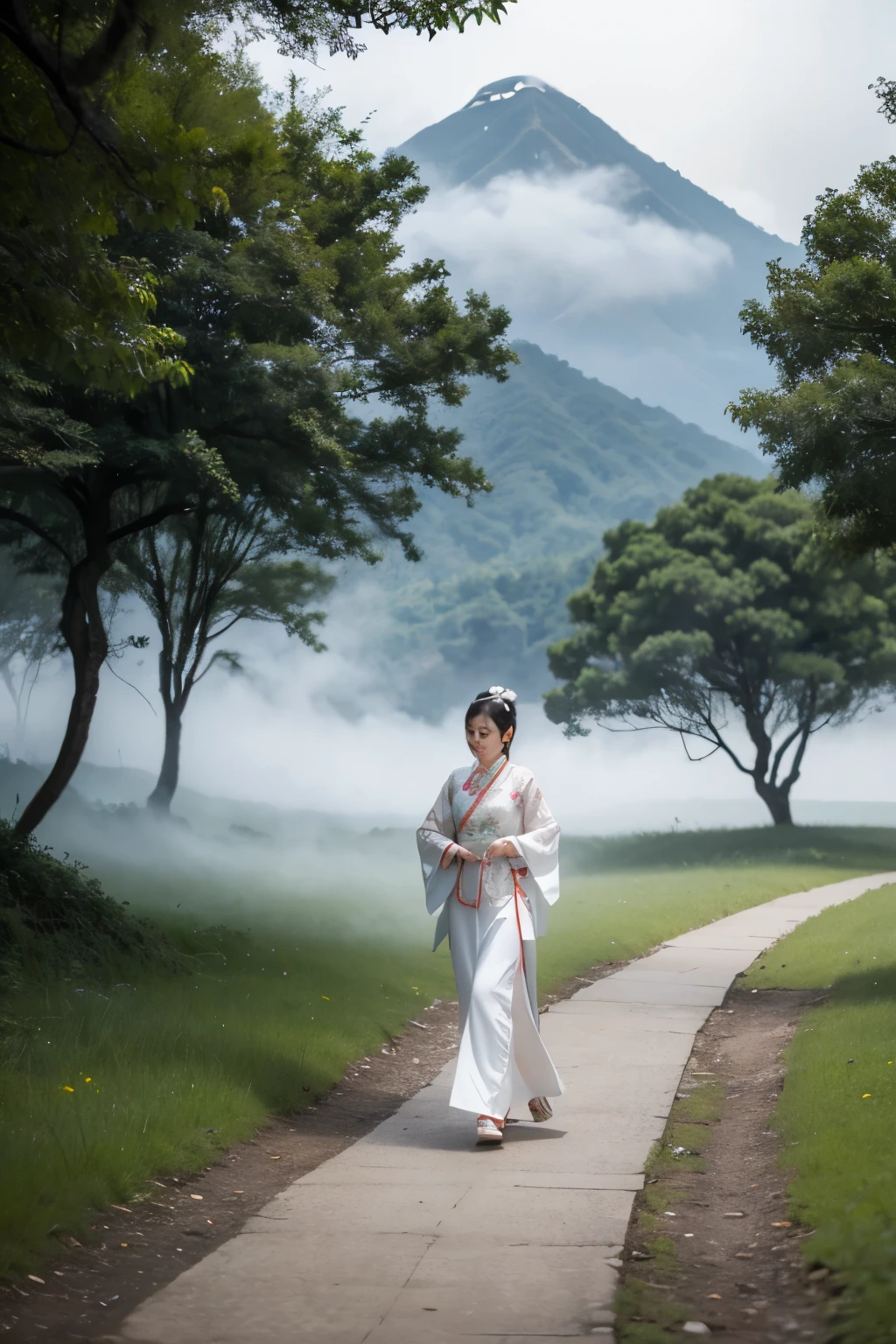 The original mountains are shrouded in white clouds,A gentle breeze,A quiet forest path,A beautiful woman in Chinese costume walks silently on the path