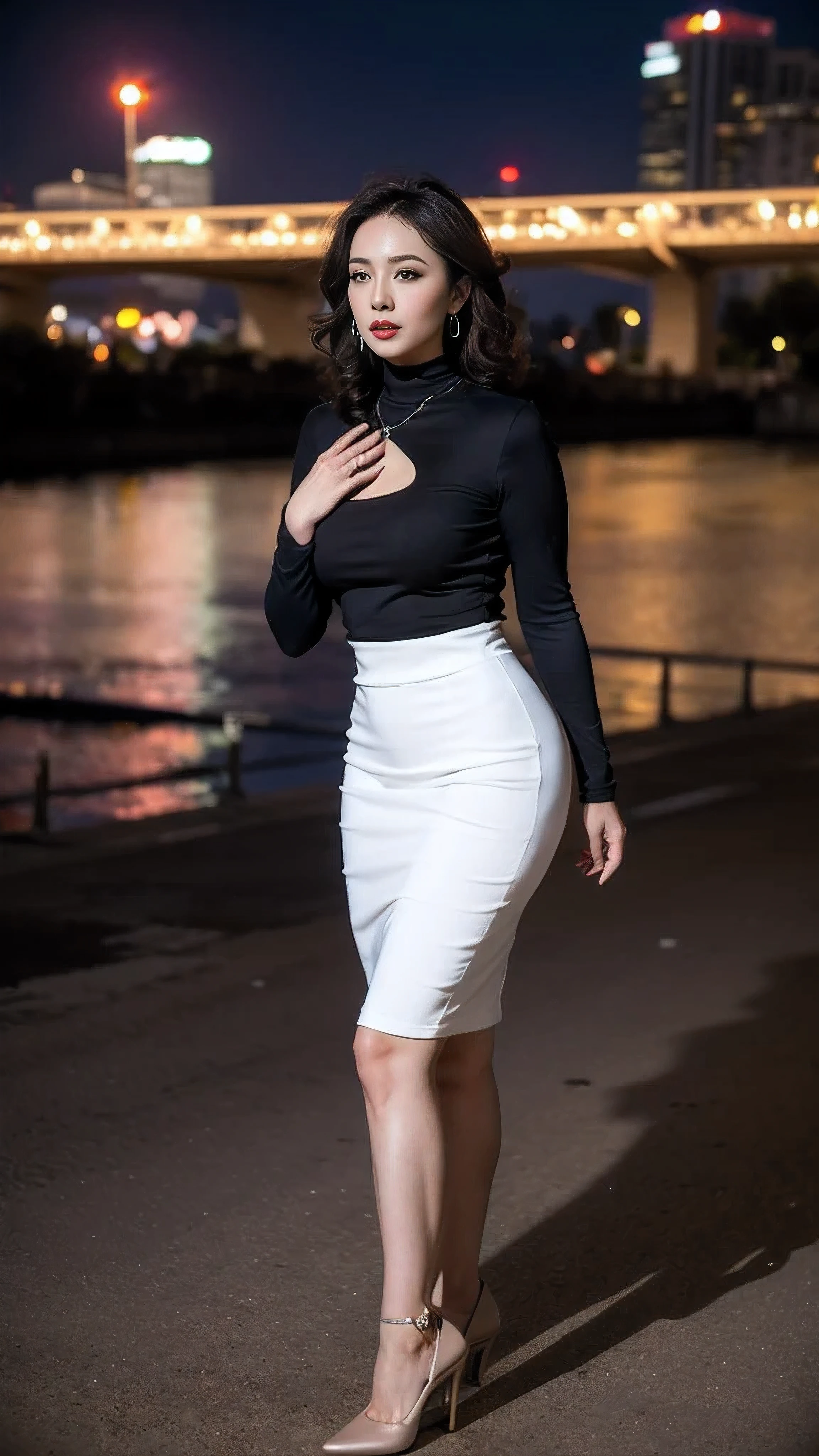 big breasts，Black，High heel，long distance full body photo，outdoor，Highly detailed 8k wallpaper), 8k,best quality, masterpiece, ultra high resolution,(lifelike:1.4), original photo, sharp focus, detailed, dramatic, Delicate and beautiful woman, (tall and straight:1.1), (No), (droopy giant:1.1), (Fat Evil Goddesetallic high-leg racing turtleneck dress:1.0),(turtleneck slim fit skirt),(thin fabricmetalall-in-onerace ), Half butterfly earrings, Double ring necklace, (defiance:1.05), (65 years old, : 1.4), cosmetic, (lipstick: 1.1), (Eyeliner: 1.2), mascara, eye shadow, curls, dynamic angle, (red lips)nice graphics, current employer，spectacular view, Show your whole body in the metropolis at night,