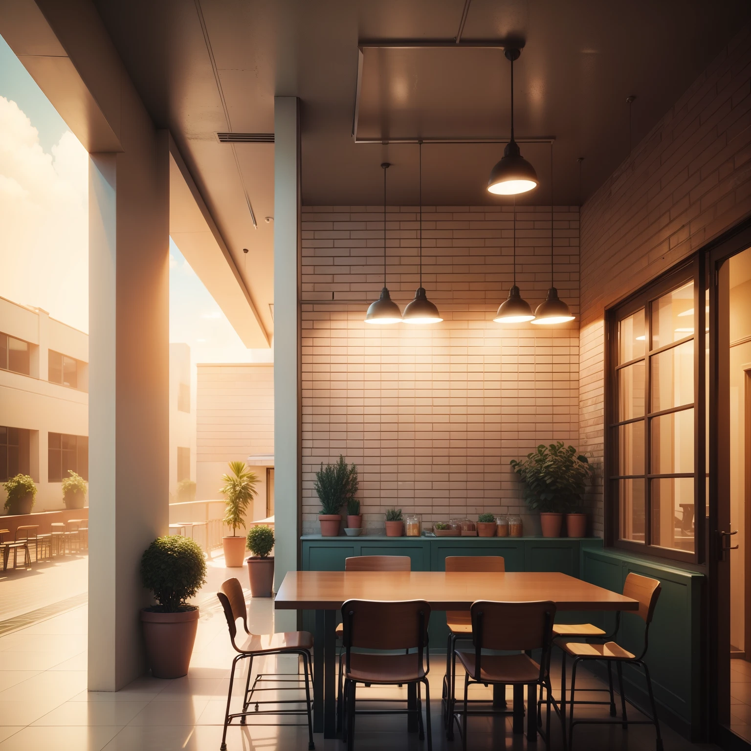 Cafeteria Design Architecture - Balcony and Wall Front View - Realistic - Straight Counter - Brick Wall - Retro Style - Indoor Environment