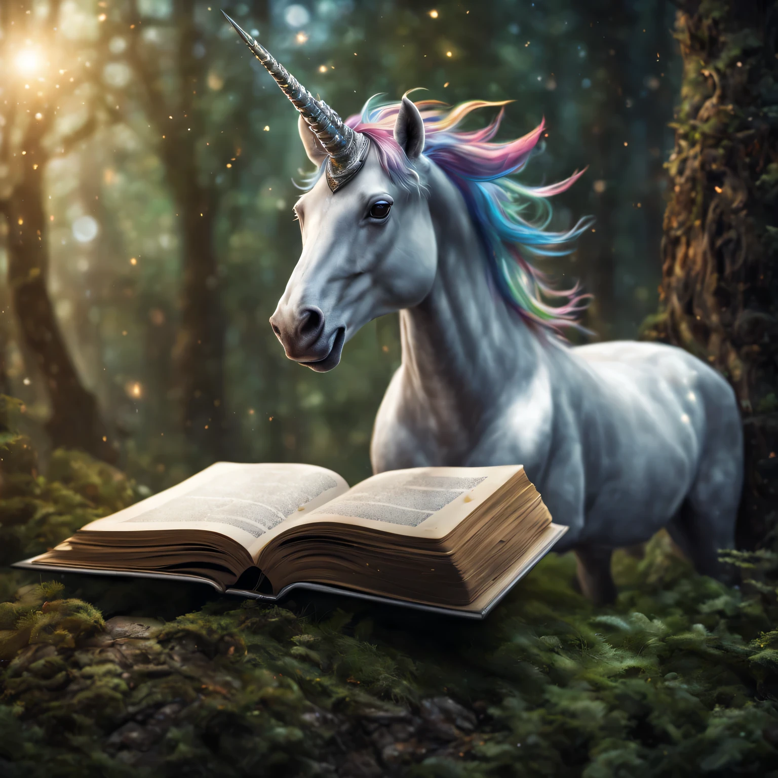 Photo of a Fantasy Unicorn in an open book., thicket of a magical forest with a fantasy unicorn, emerging from an open book, an open book lies on a stone, inside the open book there is a thicket of a magical forest with a Fantasy Unicorn with its own details, great depth of field, a high resolution, Extremely realistic, extremely detailed, cinematic treatment, HDR, photorealistic, the masterpiece
