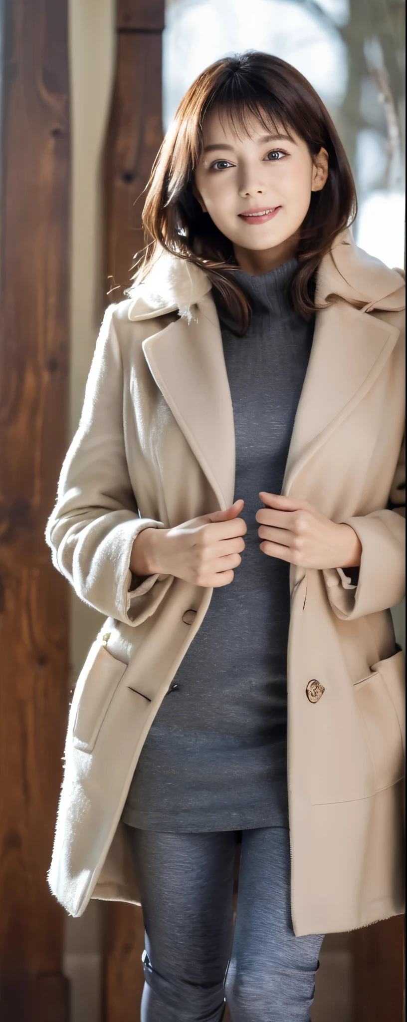 (((32K,very high res, high detailing, highly accurate,Masterpiece Girl 1:1.5))), Raw photo & realistic atmosphere, beautiful dark blue eyes,Detailed mouth,Glossy lips,Detailed eyebrows,Soft white skin that shines with every detail, Eyes drawn in detail(Full body:1), 1 noble elegant Japanese lady, (standing contrapposte), winter season, ((black color coodinate, wearing over-size nouton coat, winter fluffy scarf, grey long skirt, legging, wearing long boots)), Shiny, Smile, Looks like 1.8 meters tall, large pelvis, Large breasts, big cuvy hips, Thin waist, Long legs, skin hyper-detail, 20 years old, Perfect face, (Detailed facial features), Wavy hair, Daylight, winter season, snazzy cafe,