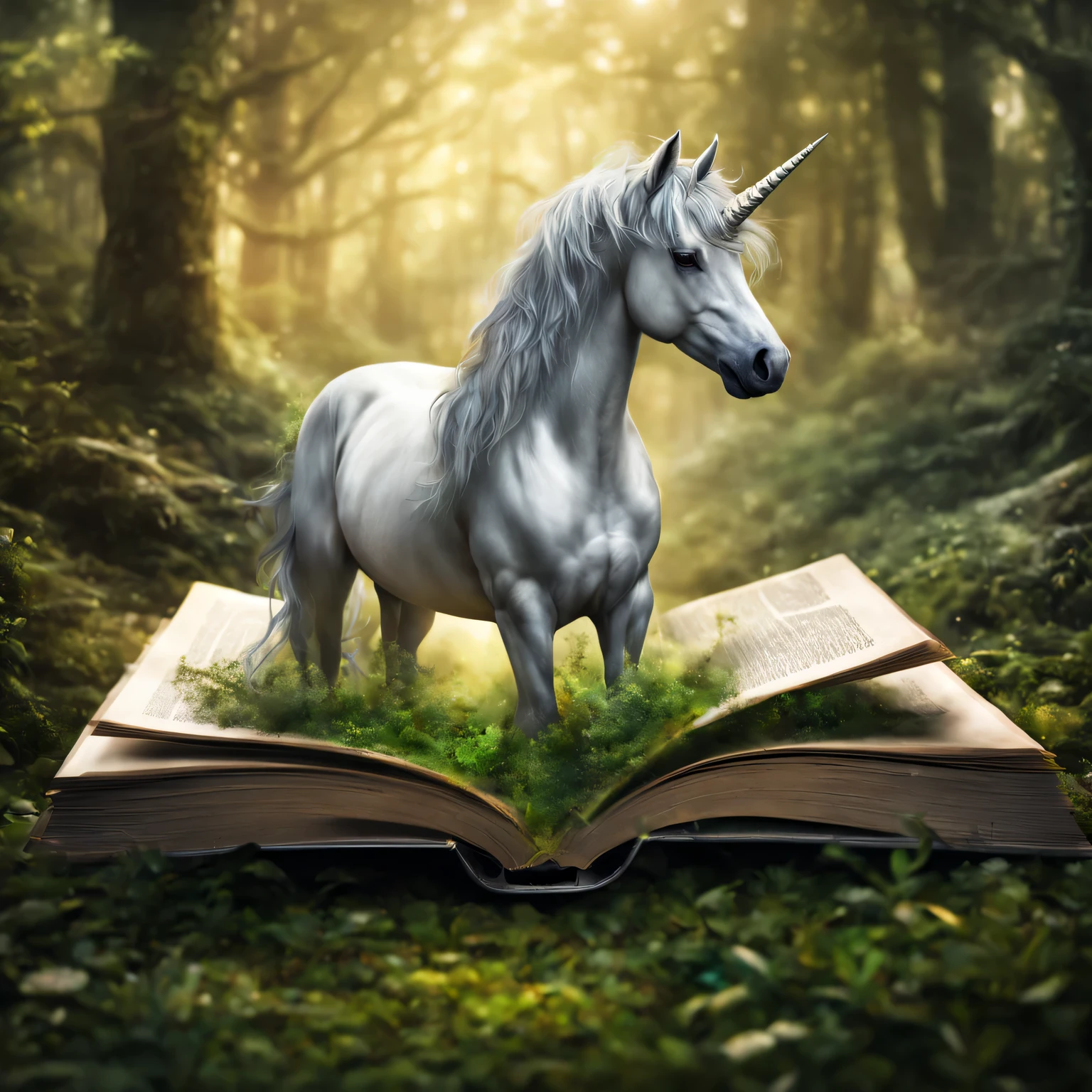 Photo of a Fantasy Unicorn in an open book., thicket of a magical forest with a fantasy unicorn, emerging from an open book, an open book lies on a stone, inside the open book there is a thicket of a magical forest with a Fantasy Unicorn with its own details, great depth of field, a high resolution, Extremely realistic, extremely detailed, cinematic treatment, HDR, photorealistic, the masterpiece