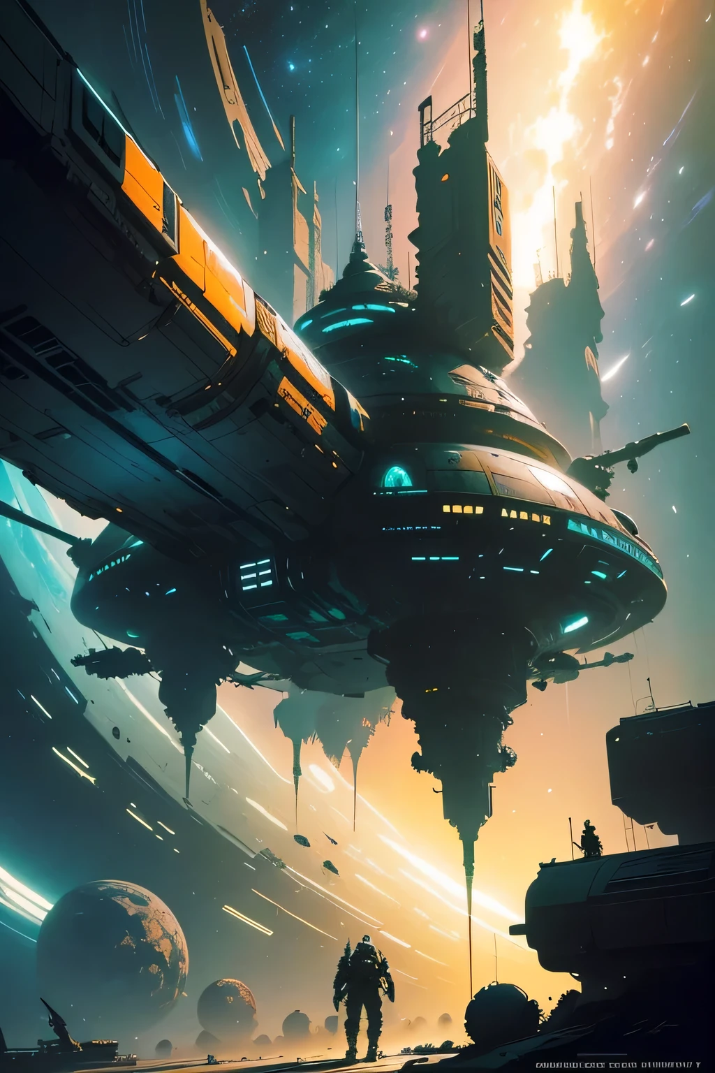 by John Berkey colorful space, Organic Spacecraft, Photorealistic space station, Space Transportation, celestial body, volume lighting, syd mead, Frank Frazetta, John Berkey, cruel
