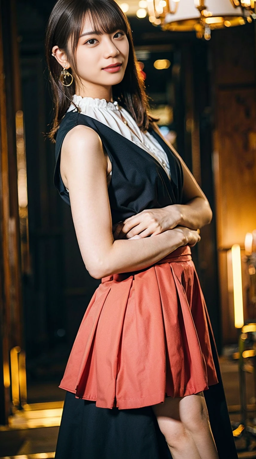 masterpiece, great work, whole body, 1 girl,  mini skirt, blush, bracelet, beautiful breasts, , gradient hair, long hair, looking at the audience, loose earrings, checked skirt, red eyes, ring, smile, alone,  fashion, woman, vitality,  take a pose, front, colorful,concentrated、whole body画像(1:5）、thin legs、Are standing、put your hands on your hips、idol costume、boots、whole body画像、Chest emphasis、pink costume、stand with legs apart
