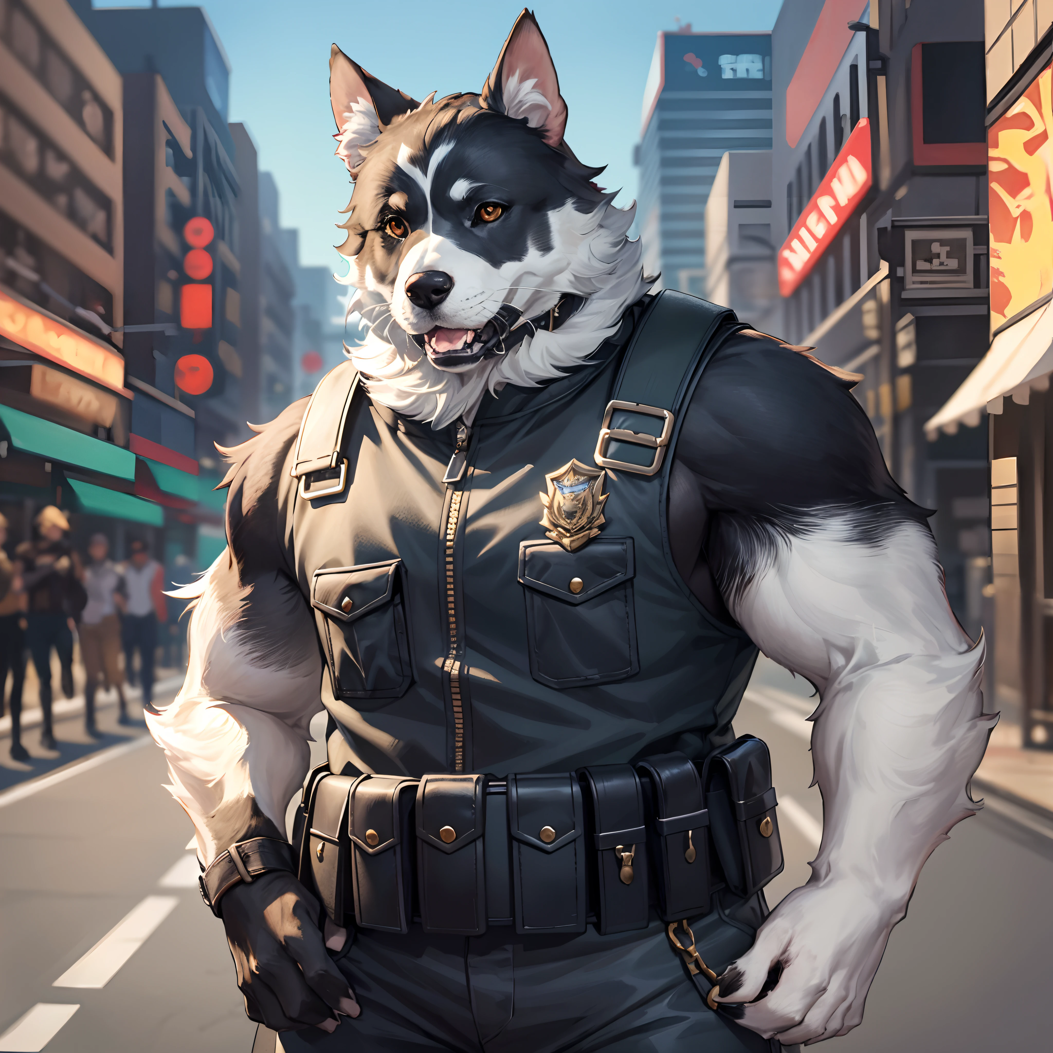High resolution, Paid rewards available, an unparalleled masterpiece, detailed background, street, Depth of bounds written, Panting the air, disorganized, perfect anatomy(furry person:1.7, kemono, focus only, muscular man)(Furry body, dog facial features, dog body features)(highly detailed body hair)whole body, dignified, police officer, Black Police Uniform, facial hair, good lighting, volume lighting, cinematic shadow,