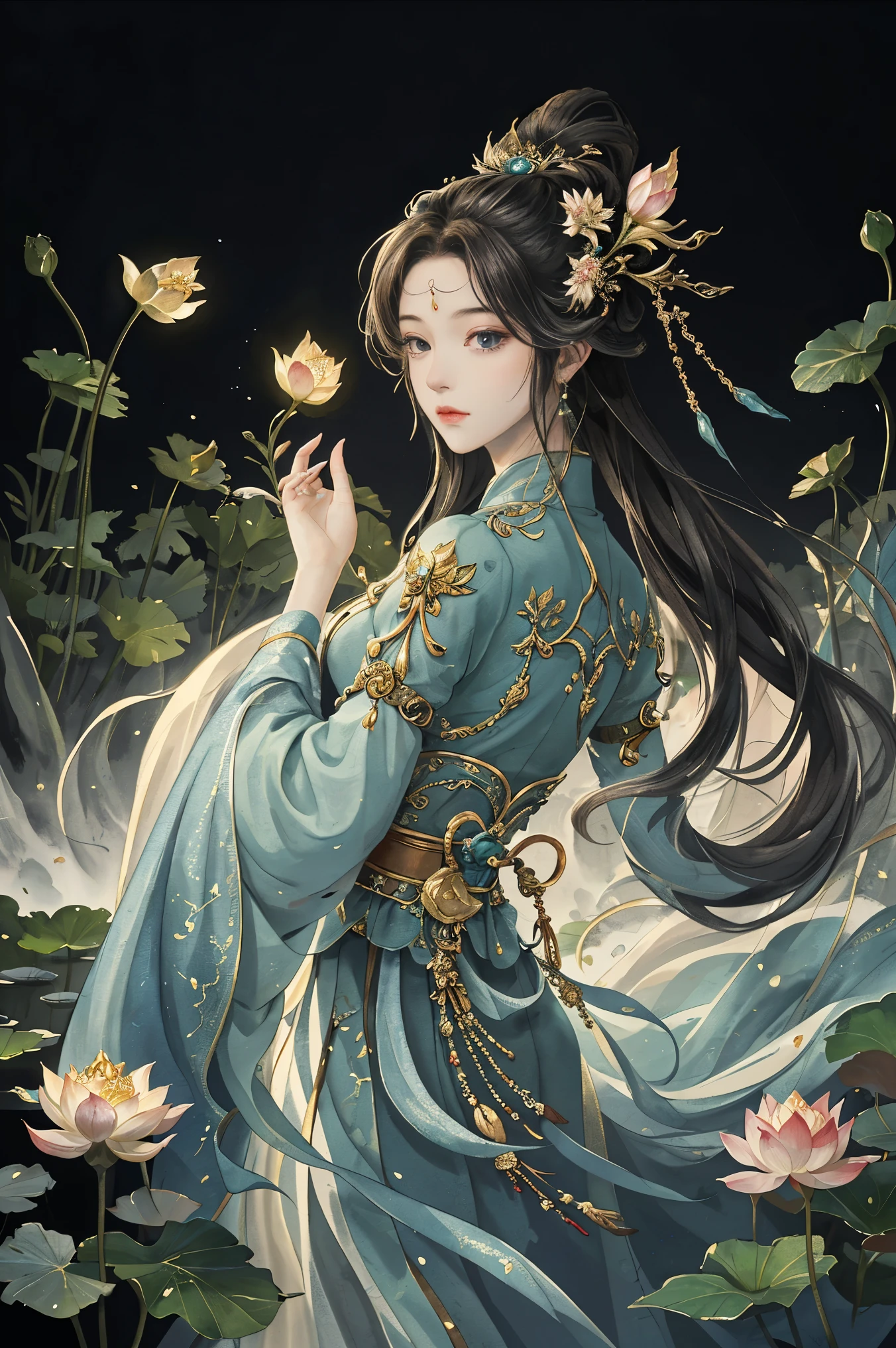 Original,(illustratio:1.1),(best qualtiy),(tmasterpiece:1.1),(the Extremely Detailed CG Unity 8K Wallpapers),(a color:1.2),1 Lotus God,goddes,Bust,ancient costume,best qualtiy,Extremely detailed jewelry,lotus petals,scenecy,rios|Wagas,