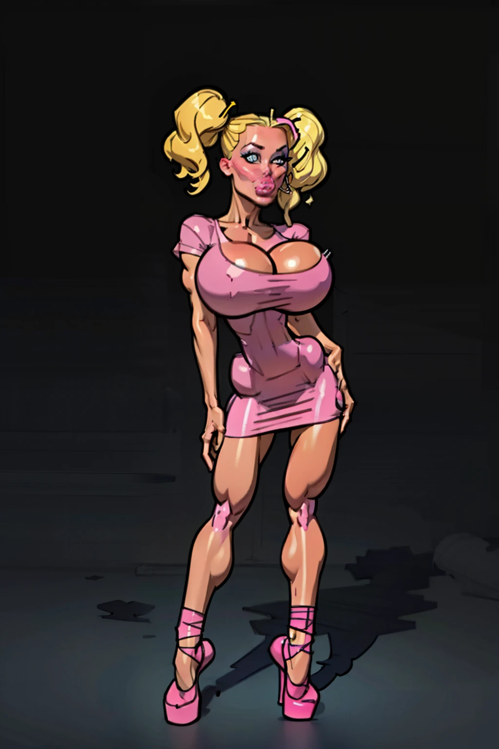 Generate a (realistic illustration) of a mature Dee Dee (Dexter’s Laboratory), ((pink ballet dress)), ballet shoes, (Aletta ocean face), blonde hair, de terno preto, twin tails, (blonde), white stockings, (slendered abs:1.2), tall stature, (pink breasts), pink outfit in realistic format with a serious style, (gigantic breasts), perfect skin, detailed face, defined cheekbones, puffy lips, gothic make up, masterpiece, dark lighting, black background, puffy lips,slendered abs, beautiful face,