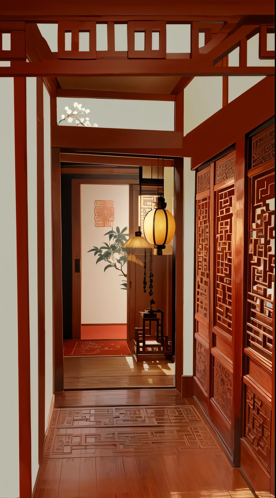 traditional chinese interior decoration, asian interior decoration, interior background art, 在ith ancient chinese aesthetic, Chinese style, Beautiful rendering of the Tang Dynasty, Chinese architectural style，lantern，screen，Chinese style木门，wooden floor，