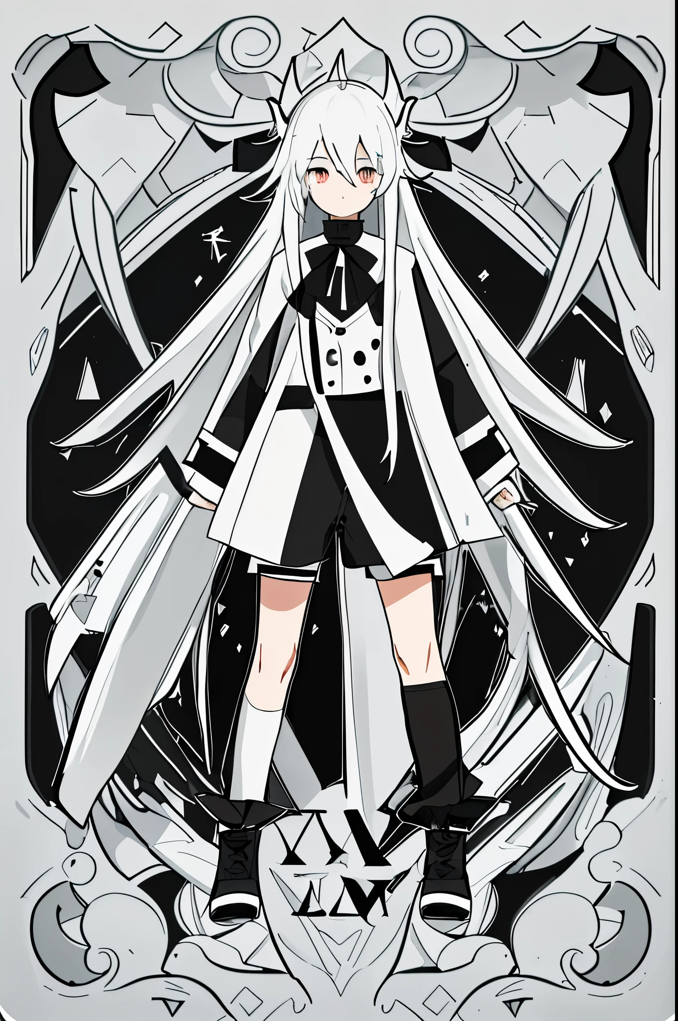 Black and white color scheme,boy,Shota,medium long hair,Half tied hair,cool,full body picture,Front view