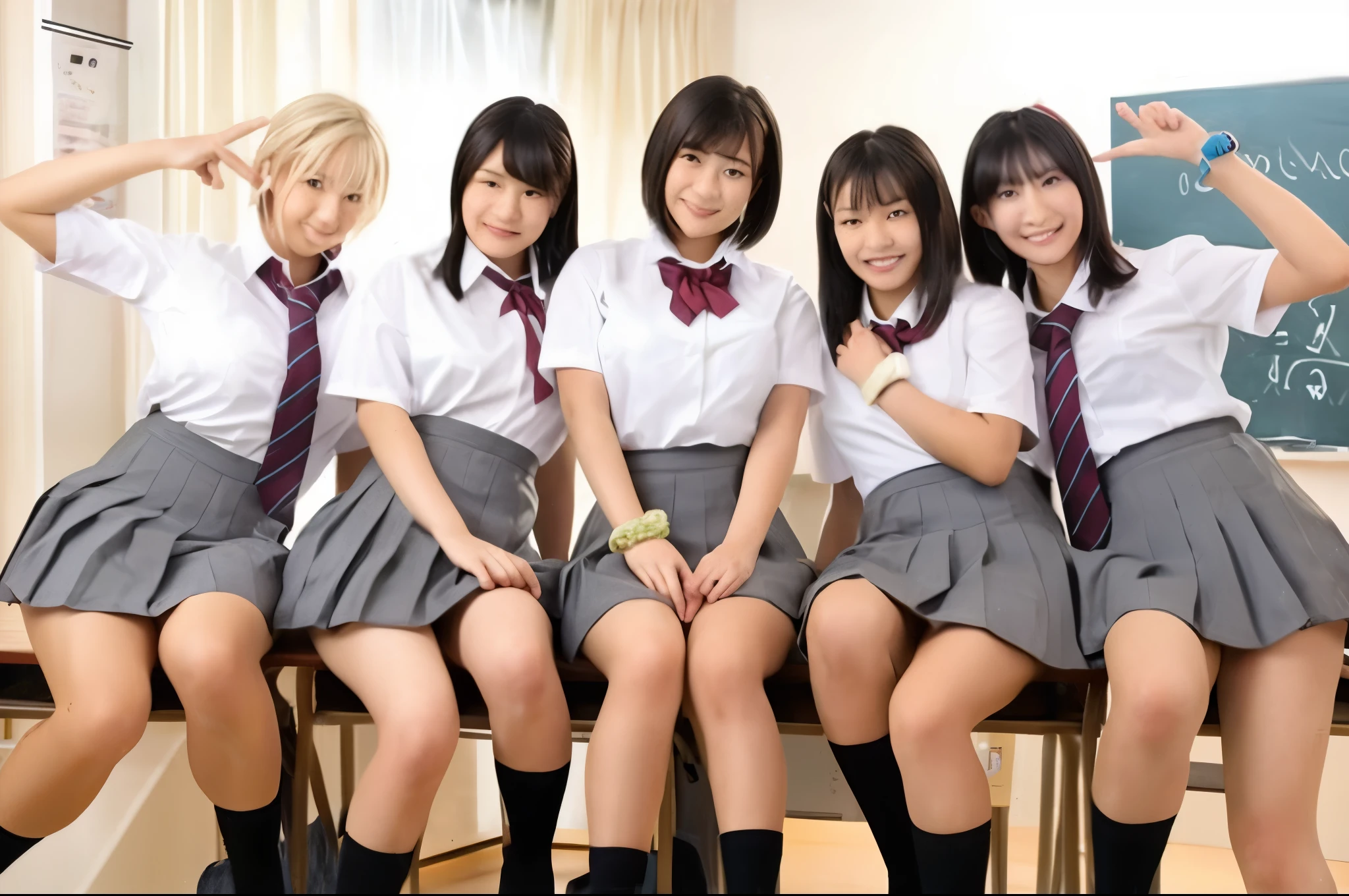 Three beautiful and cute Japanese schoolgirls stare at and lick the crotch of a middle-aged man while naked