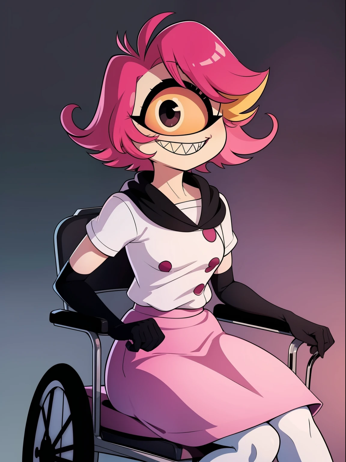 Niffty, 1girginalOutfit), (white shirt, pink skirt, gloves, black tights), cyclops, portrait, perfect anatomy,  smile, sharp teeth, sitting in wheelchair