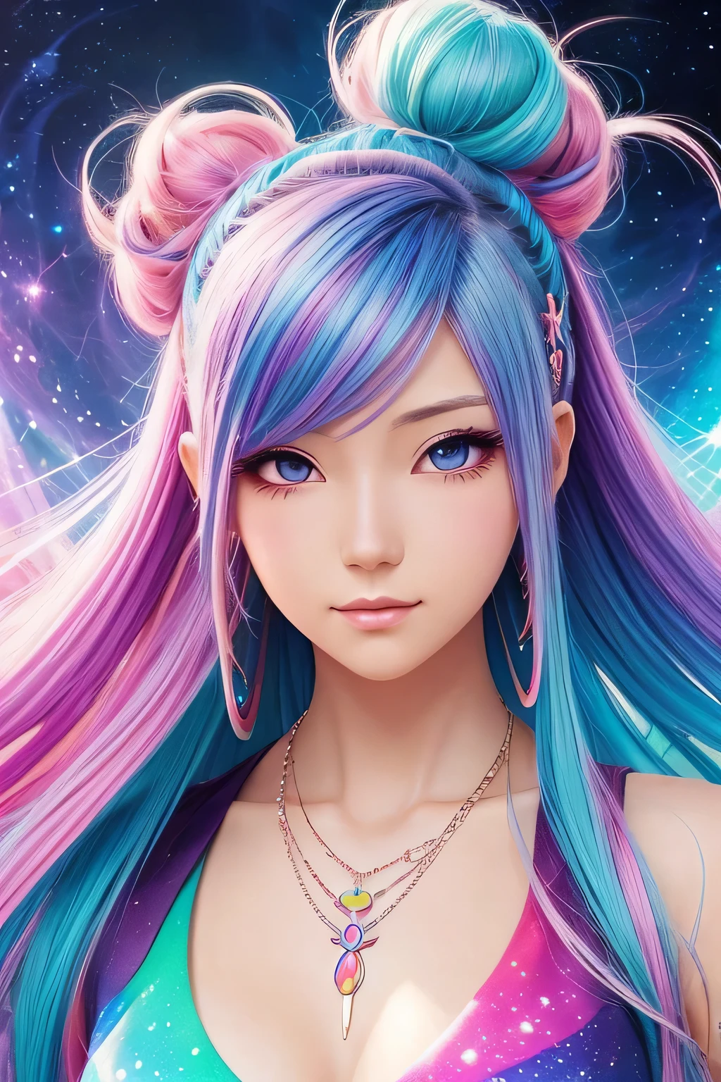 a close up of a woman with colorful hair and a necklace, anime girl with space hair, Pastels depicting vivid loss, artwork in the style of Gweiz, fantasy art style, colorful]」, vivid fantasy style, rossdraws cartoon vibrant, cosmic and colorful, Gweiz, colorfull digital fantasy art, Great art style, beautiful anime style