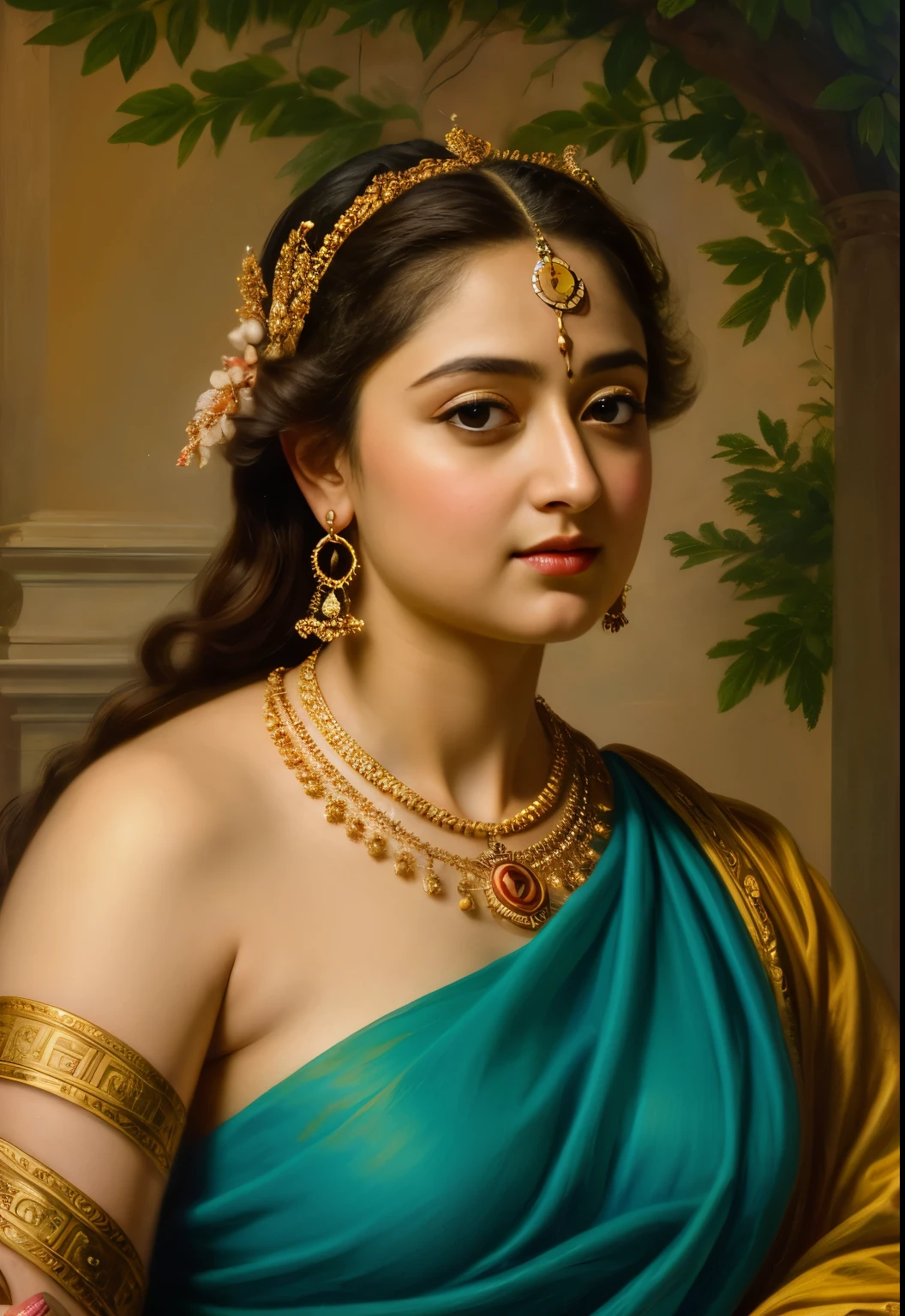 Looks like Anushka Shetty, Masterpiece, Best quality, high clarity eyes, beautifully styled hair, critically flawless,sharp picture, Full portrait, High pixels, perfect face, perfect eyes, beautiful face, perfect hands,perfect fingers, in Peter Paul Rubens style, by Peter Paul Rubens, baroque style, acrylic on canvas, highly detailed, description: "Create a nymph inspired by the tales of Greek or Roman mythology, embodying the essence of a natural element or location, and possessing a unique ability or trait that sets her apart."