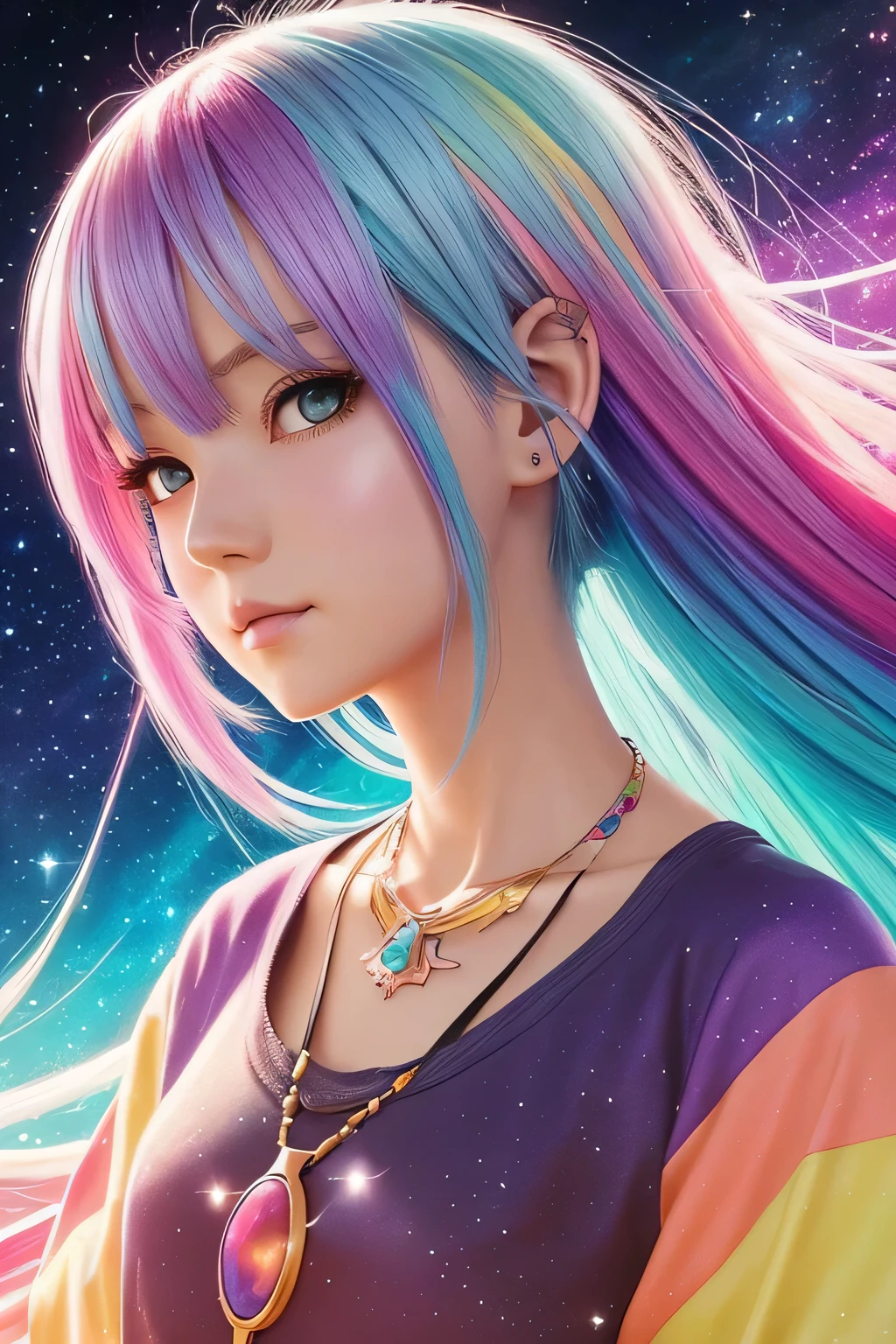 a close up of a woman with colorful hair and a necklace, anime girl with space hair, Pastels depicting vivid loss, artwork in the style of Gweiz, fantasy art style, colorful]」, vivid fantasy style, rossdraws cartoon vibrant, cosmic and colorful, Gweiz, colorfull digital fantasy art, Great art style, beautiful anime style