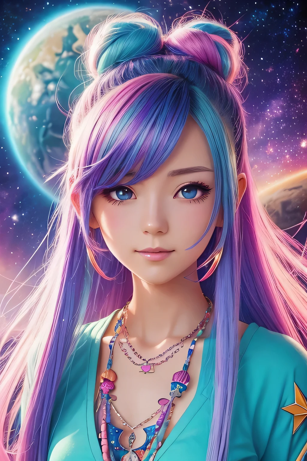 a close up of a woman with colorful hair and a necklace, anime girl with space hair, Pastels depicting vivid loss, artwork in the style of Gweiz, fantasy art style, colorful]」, vivid fantasy style, rossdraws cartoon vibrant, cosmic and colorful, Gweiz, colorfull digital fantasy art, Great art style, beautiful anime style