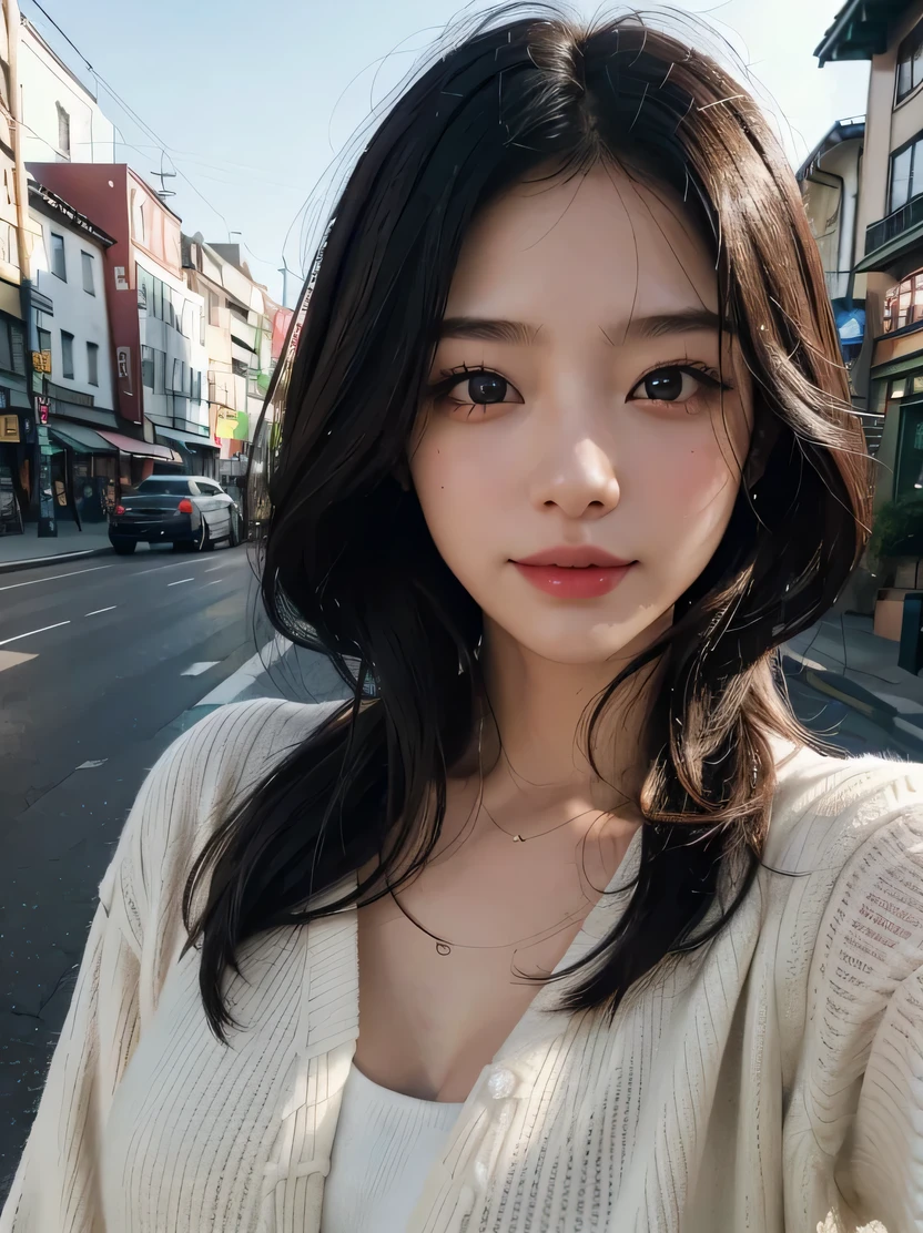 high quality、High resolution、Super detailed、masterpiece、sharp focus、realistic、写真のようにrealistic、RAW photo、3/5 shots、cinematic lighting、Fine skin texture、detailed fabric texture、beautiful expression、intricate details、1 female、20-year-old、loose black hair、dark brown eyes、hair is dirty、A simply dressed、Scenery of the Japan cityscape、smile、look at the audience