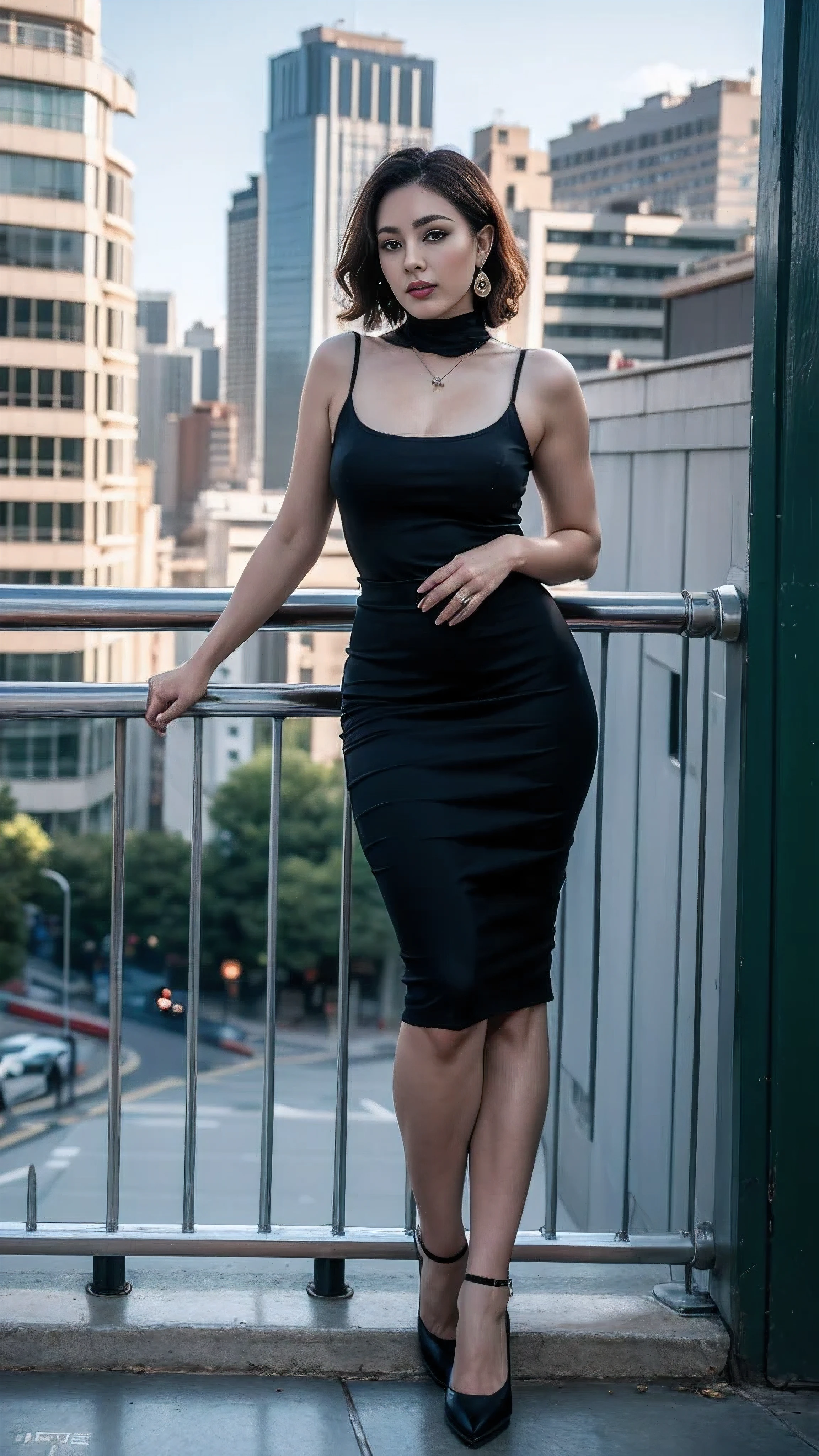 a photo of r3myl4cr01x, dongtan dress, choker, (wide hips:0.6), on a skyscraper balcony at night 