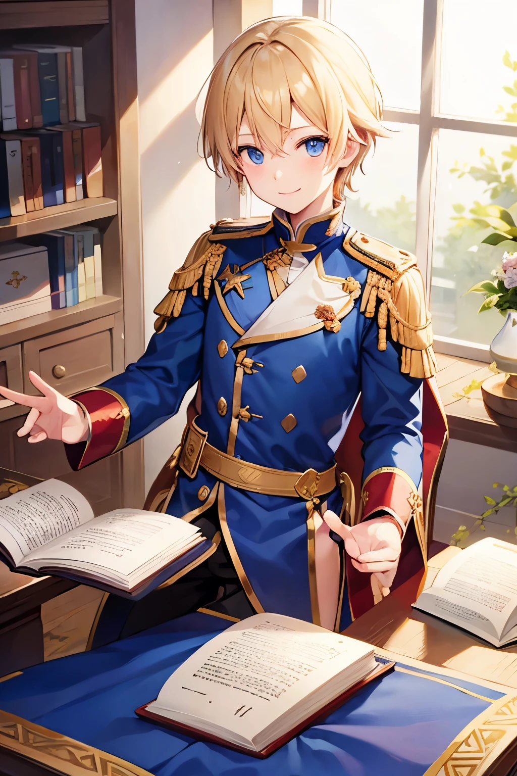 blonde blue eyes、One Boy、prince clothes、smile、Having a book