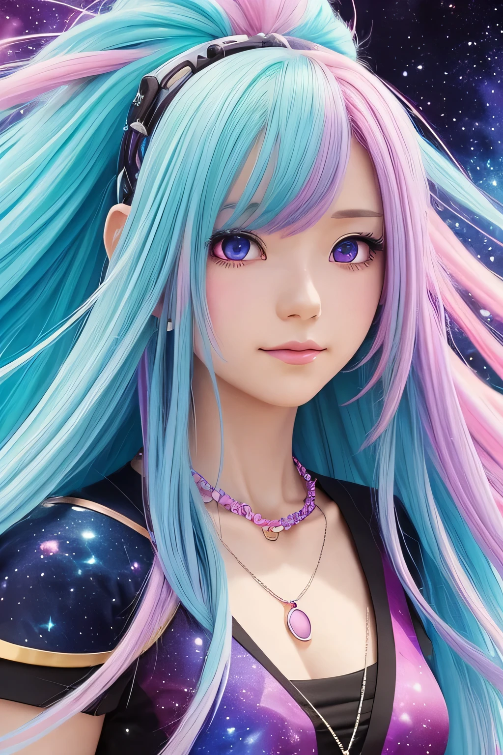 a close up of a woman with colorful hair and a necklace, anime girl with space hair, Pastels depicting vivid loss, artwork in the style of Gweiz, fantasy art style, colorful]」, vivid fantasy style, rossdraws cartoon vibrant, cosmic and colorful, Gweiz, colorfull digital fantasy art, Great art style, beautiful anime style