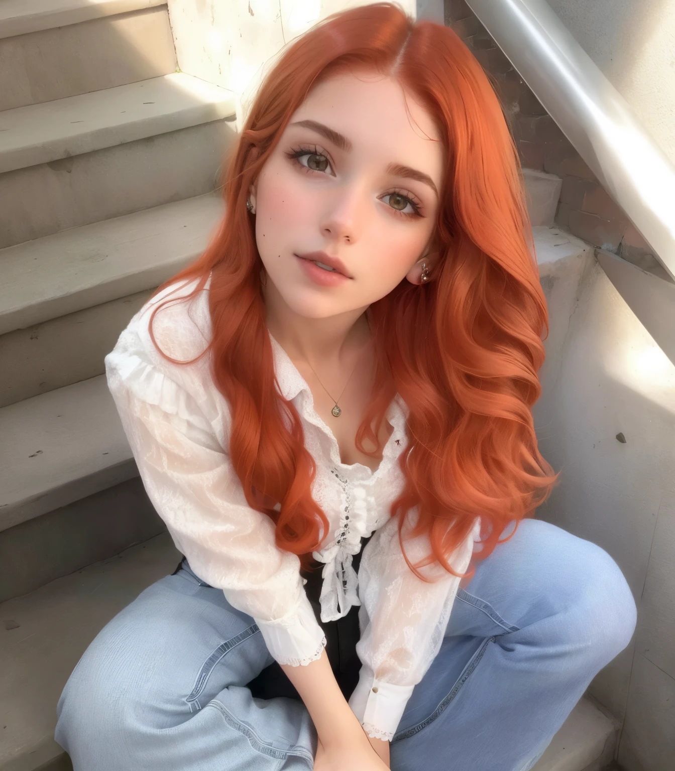 arafed woman Con cabello rojo sitting on steps with a white shirt, lavabo sadie, pelo rojo y rasgos atractivos, ella tiene el pelo largo y renaranjado, ella tiene el cabello rojo, pelo rojo claro, She has long orange-brown hair., pelo rojo largo y brillante, Sofia Turner, Con cabello rojo, pelo rojo suave, long pelo rojo claro, dyed red hair, chica pelirroja