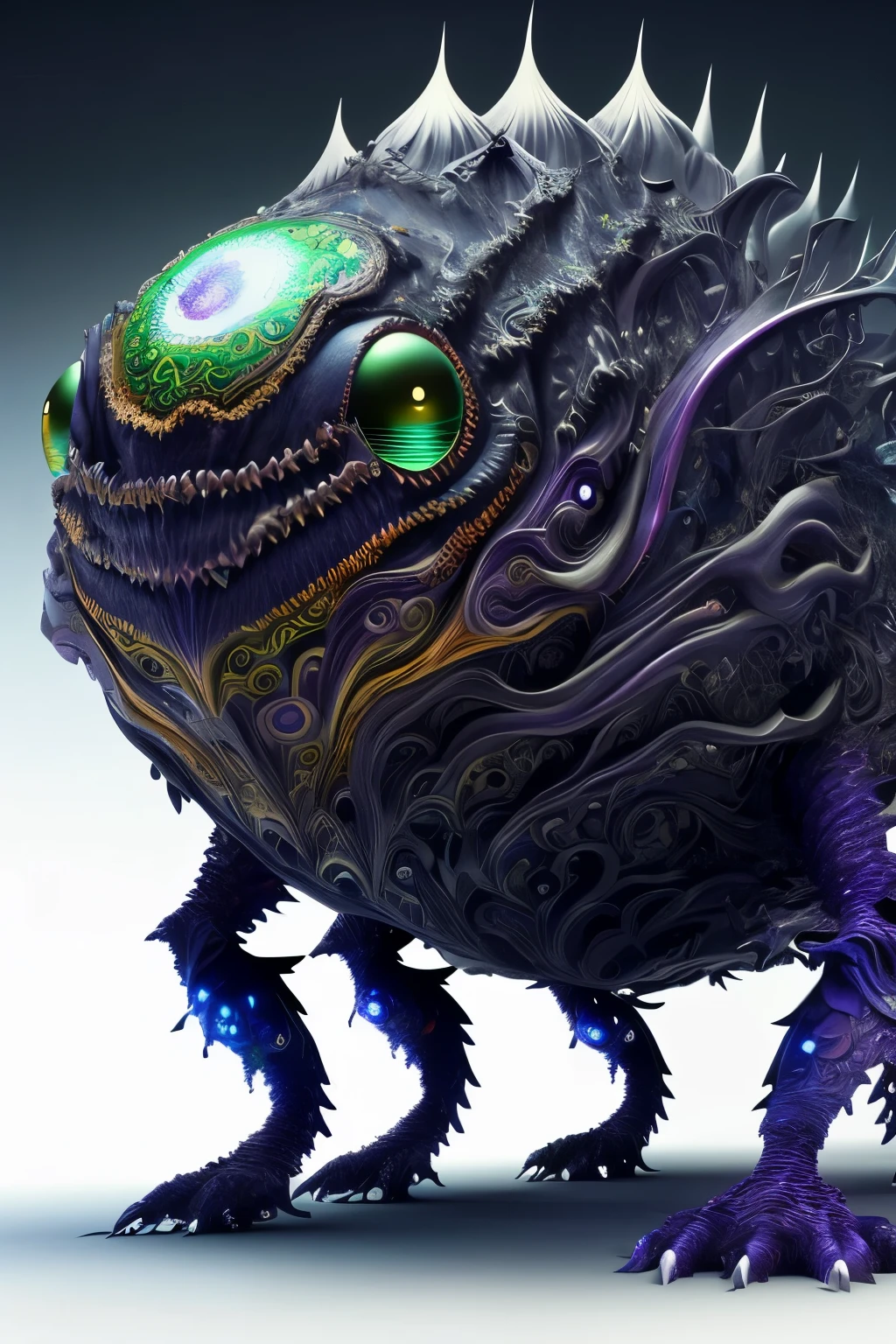 A psychedelic creature with vivid, swirling colors and intricate patterns, examining the viewer with otherworldly, glowing eyes. The background is a trippy, surreal landscape, filled with abstract shapes and shifting perspectives. The creature's body is incredibly detailed, with bulbous features and undulating textures that seem to change with each glance. The realistic photography style of The King of Fighters XV brings out every detail of the creature's form, making for a stunning, high-definition image in 8k.