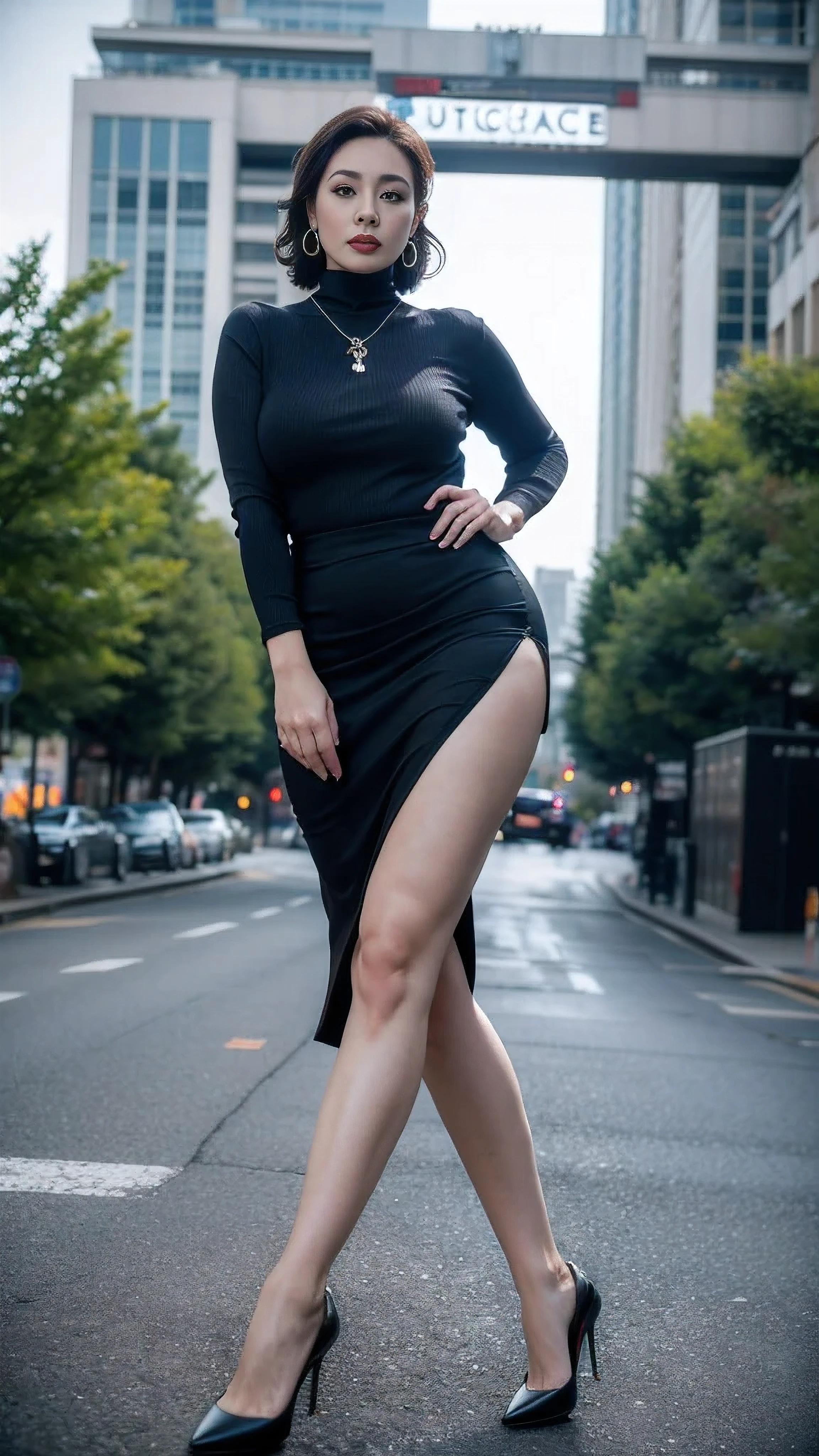 Black greasy reflective pantyhose,big breasts,Black,High heel,long distance full body photo,outdoor,Highly detailed 8k wallpaper), 8k,best quality, masterpiece, ultra high resolution,(lifelike:1.4), original photo, sharp focus, detailed, dramatic, Delicate and beautiful woman, (tall and straight:1.1), (No), (droopy giant:1.1), (Fat Evil Goddesetallic high-leg turtleneck dress miniskirt:1.0),(turtleneck slim fit skirt),(Sheer fabric and metal all-in-one miniskirt ), Half butterfly earrings, Double ring necklace, (defiance:1.05), (65 years old, : 1.4), cosmetic, (lipstick: 1.1), (Eyeliner: 1.2), mascara, eye shadow, Long curly hair, dynamic angle, (red lips)nice graphics, long thighs,Black greasy reflective pantyhose,current employer,spectacular view, Show your whole body in the big city,