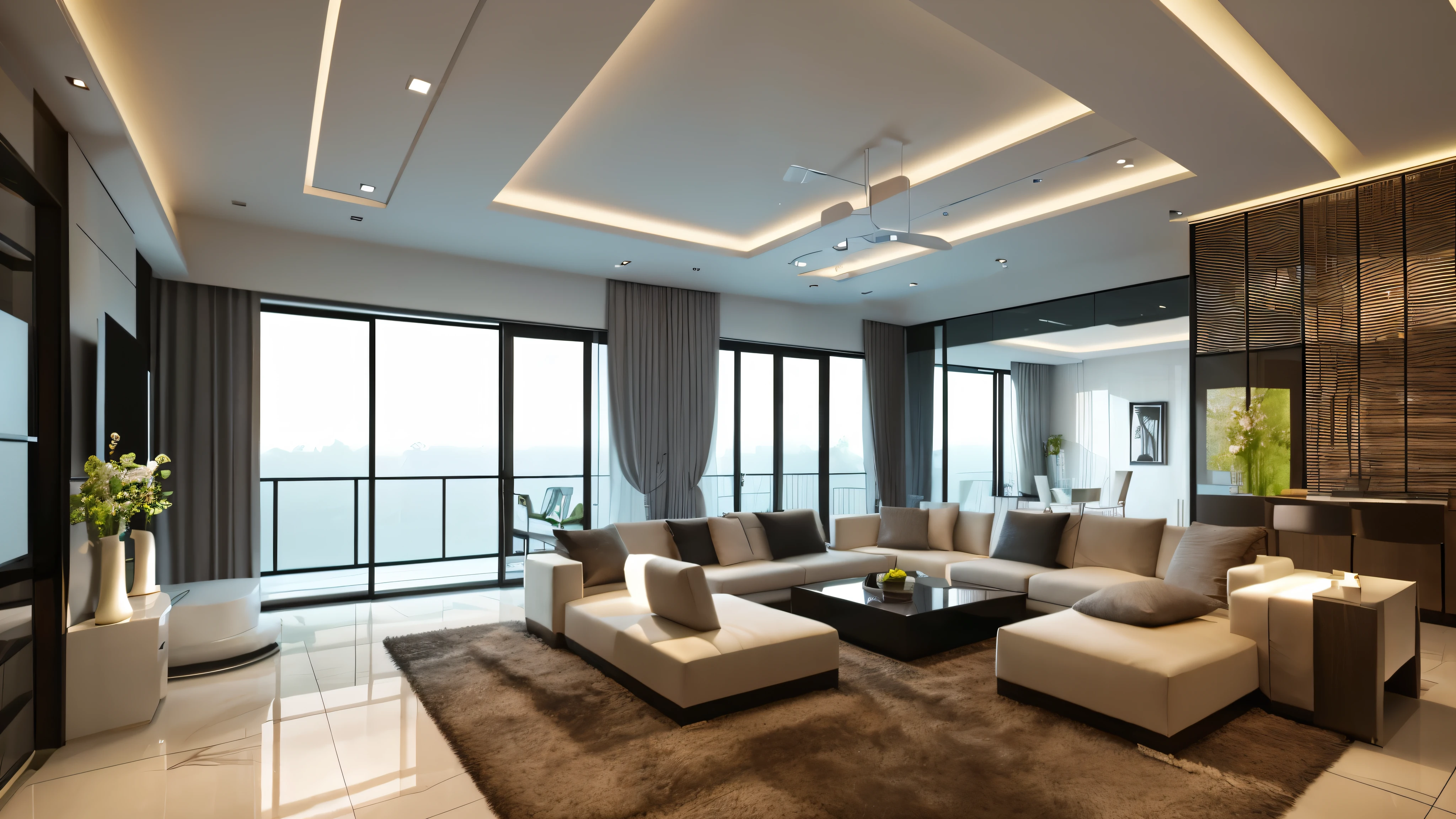 You are a famous interior designer、You have been asked to create a 3D image of a modern large room. Create a harmonious environment with modern and minimalist furniture. Including garden interior.