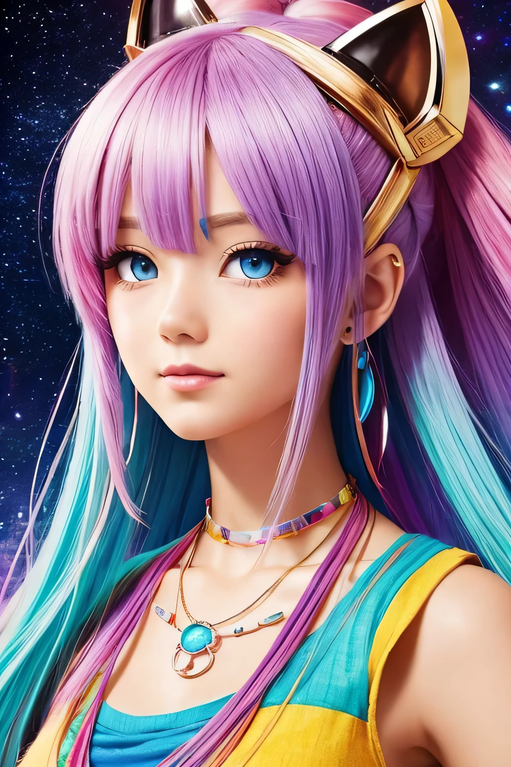 a close up of a woman with colorful hair and a necklace, anime girl with space hair, Pastels depicting vivid loss, artwork in the style of Gweiz, fantasy art style, colorful]」, vivid fantasy style, rossdraws cartoon vibrant, cosmic and colorful, Gweiz, colorfull digital fantasy art, Great art style, beautiful anime style