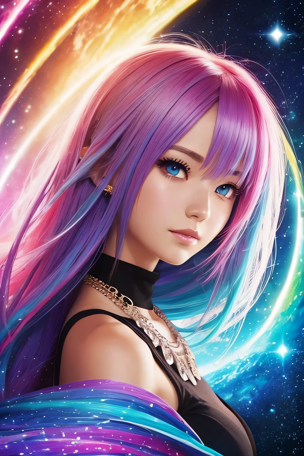 a close up of a woman with colorful hair and a necklace, anime girl with space hair, Pastels depicting vivid loss, artwork in the style of Gweiz, fantasy art style, colorful]」, vivid fantasy style, rossdraws cartoon vibrant, cosmic and colorful, Gweiz, colorfull digital fantasy art, Great art style, beautiful anime style