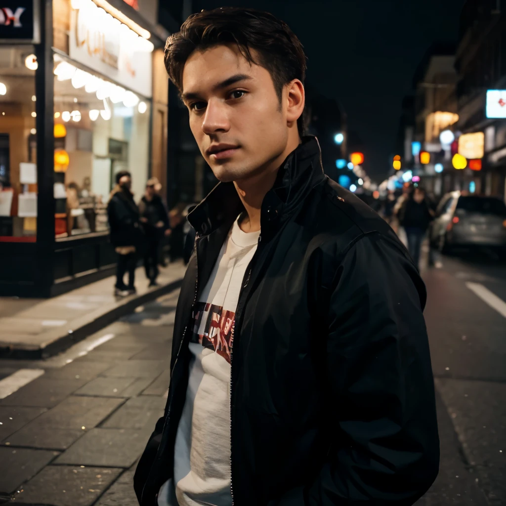 RAW photo, a portrait photo of 25 y.o man in casual clothes, night, city street, (high detailed skin:1.2), 8k uhd, dslr, soft lighting, high quality, film grain, Fujifilm XT3