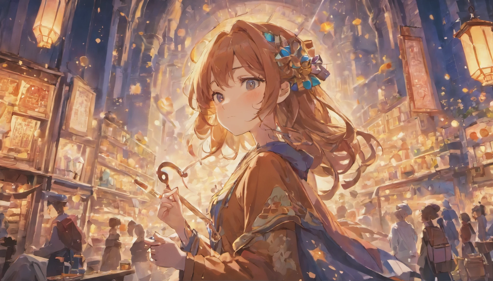 fantasy world,view from faraway,Cute female merchant selling magical items in a busy market,fantasic world,wearing robe,many goods display,masterpiece,soft line,cute face,wavy Brown hair,(extremely delicate and beautiful work), ((masuter piece)), (Best Quality) (detailed art),(very detailed),beautiful face,wearing robe,many light floating,midnight,colorful art,(((soft line drawing)))