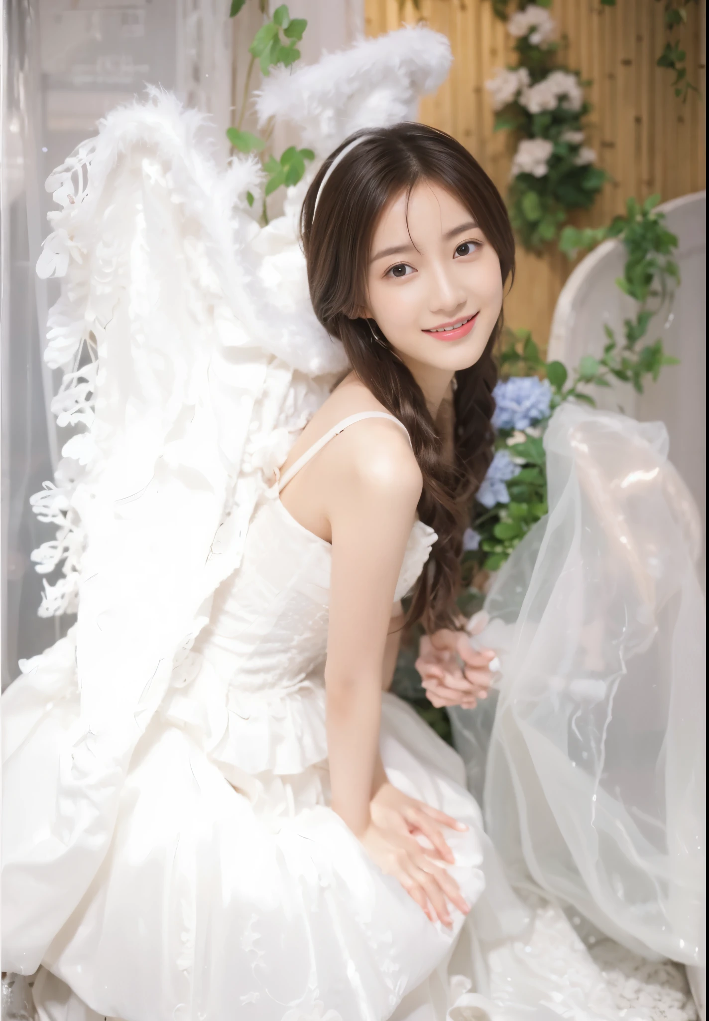 ((​Masterpiece, Top image quality, high resolution、alone、shiny skin))(on the table, best quality, actual, super detailed, meticulous, high resolution, 8k wallpaper), Close-up portrait of a beautiful woman, Chariada, smiling, light brown messy hair, Perfect dynamic composition, 美丽meticulous的眼睛, Just like the cover of a fashion magazine, on campus