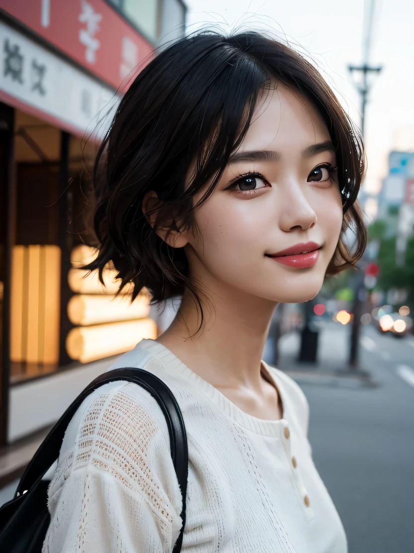 high quality、High resolution、Super detailed、masterpiece、sharp focus、realistic、写真のようにrealistic、RAW photo、3/5 shots、cinematic lighting、Fine skin texture、detailed fabric texture、beautiful expression、intricate details、1 female、20-year-old、loose black hair、dark brown eyes、hair is dirty、A simply dressed、Scenery of the Japan cityscape、smile、look at the audience
