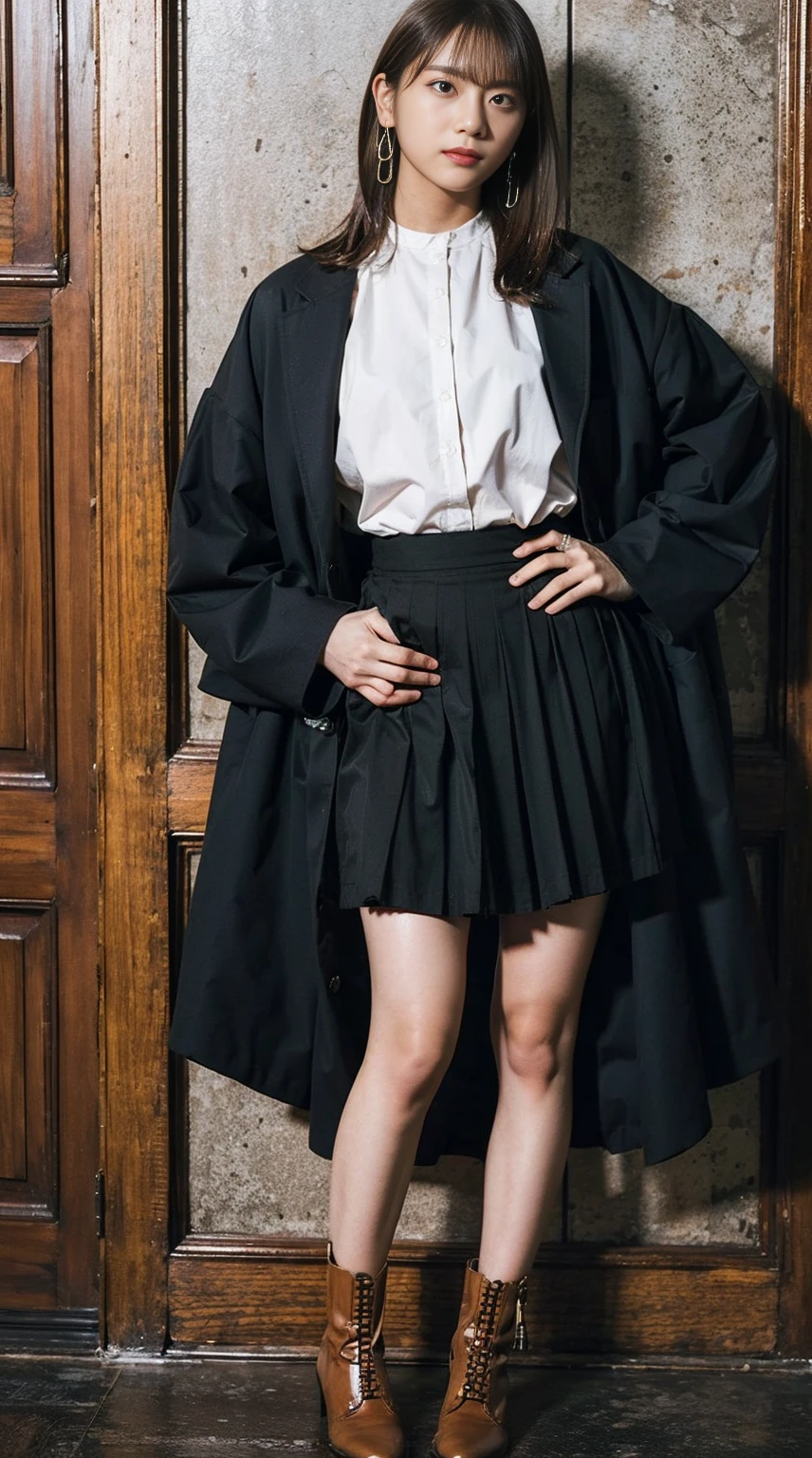 masterpiece, great work, whole body, 1 girl,  mini skirt, blush, bracelet, beautiful breasts, , gradient hair, long hair, looking at the audience, loose earrings, checked skirt, red eyes, ring, smile, alone,  fashion, woman, vitality,  take a pose, front, colorful,concentrated、whole body画像(1:5）、thin legs、Are standing、put your hands on your hips、idol costume、boots、whole body画像、Chest emphasis、pink costume、stand with legs apart
