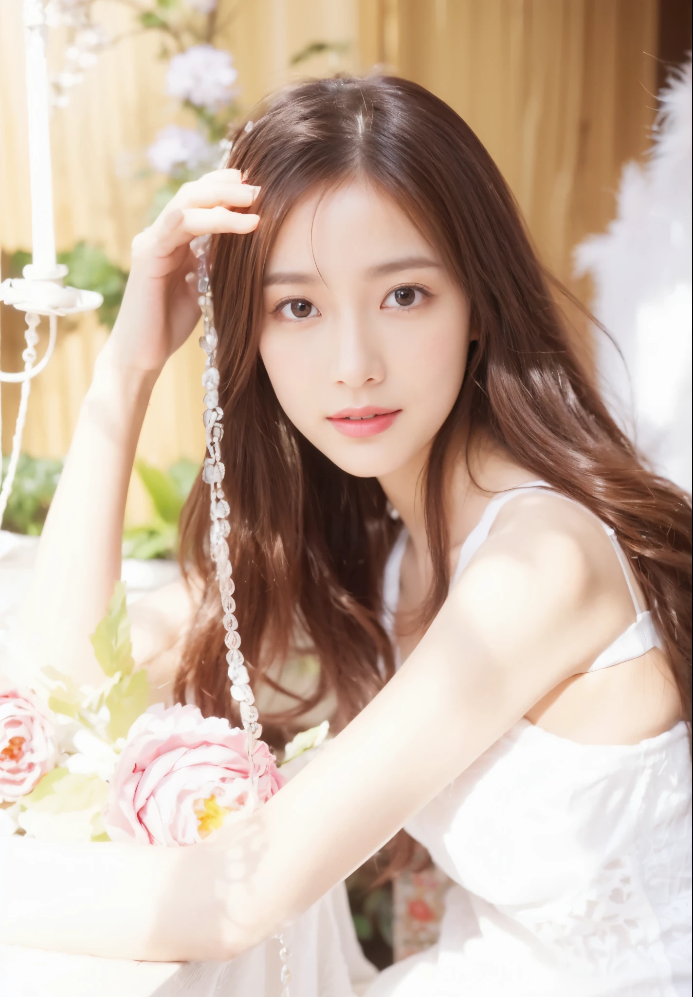((Masterpiece, Top image quality, high resolution、alone、shiny skin))(on the table, best quality, actual, super detailed, meticulous, high resolution, 8k wallpaper), Close-up portrait of a beautiful woman, Chariada, smiling, light brown messy hair, Perfect dynamic composition, 美丽meticulous的眼睛, Just like the cover of a fashion magazine, on campus