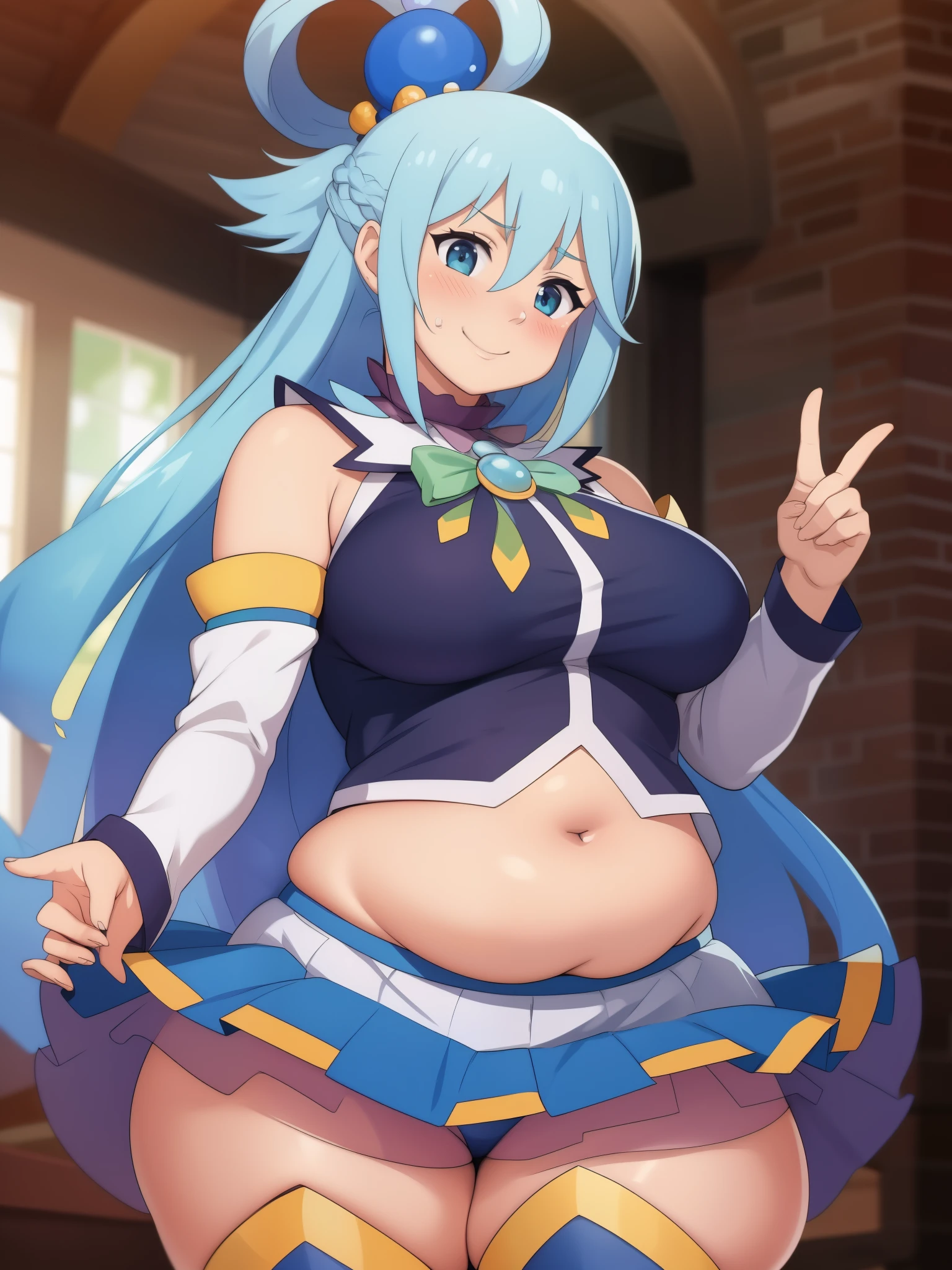 aqua \(konosuba\), ((highres)), Masterpiece, high quality, best quality, beautiful, perfect lighting, detailed face, ultra cute face, (blush), ((1girl)), ((solo)), Separated sleeves, blue blouse, skirt, thigh boots, Hair ornament, Hair ring, Long hair, blue hair, (blush), seductive smile, looking at viewer, standing, medium breasts, (wide hips), ((thick thighs)), (chubby), chubby belly, fat folds, belly hang, living room,