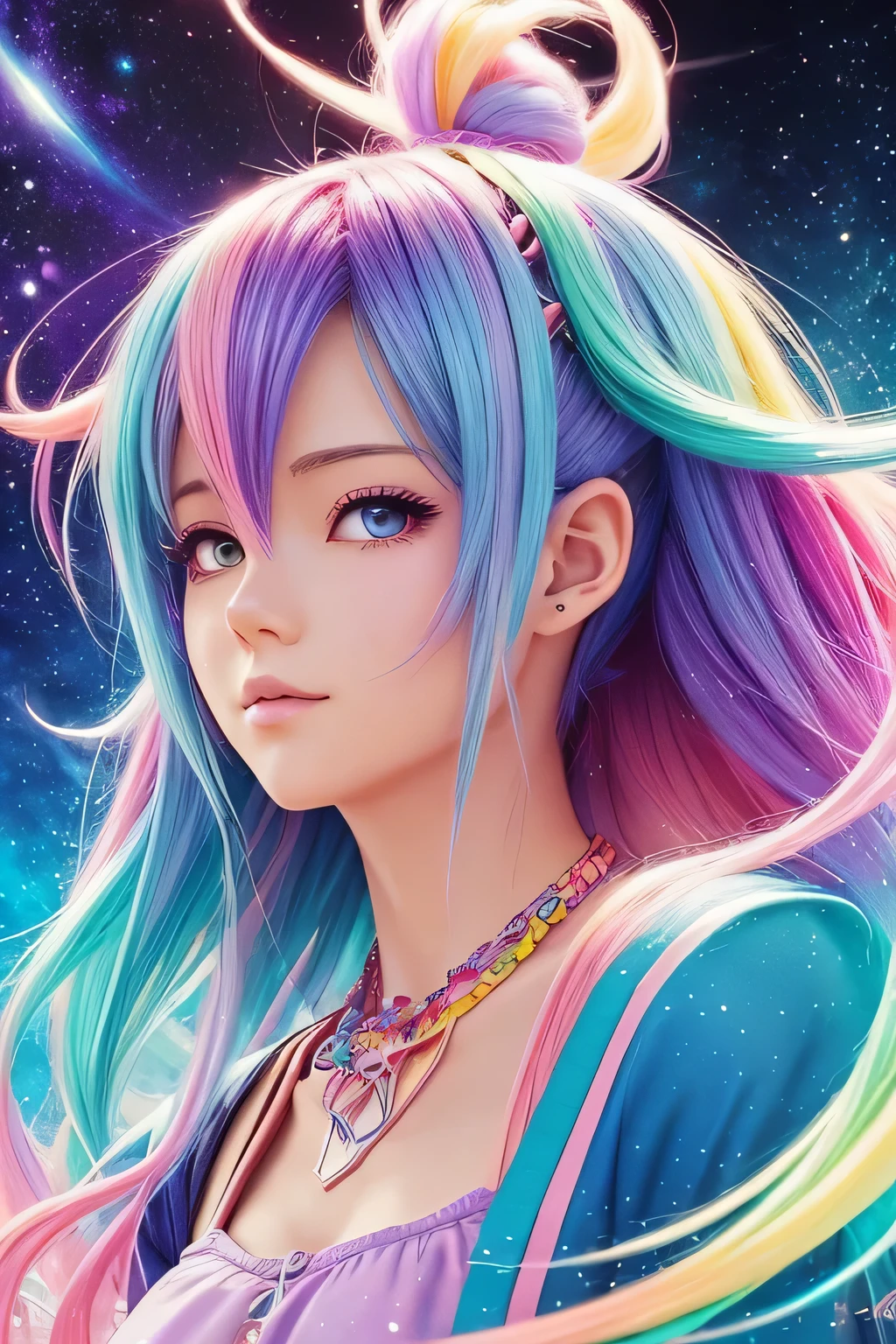 a close up of a woman with colorful hair and a necklace, anime girl with space hair, Pastels depicting vivid loss, artwork in the style of Gweiz, fantasy art style, colorful]」, vivid fantasy style, rossdraws cartoon vibrant, cosmic and colorful, Gweiz, colorfull digital fantasy art, Great art style, beautiful anime style