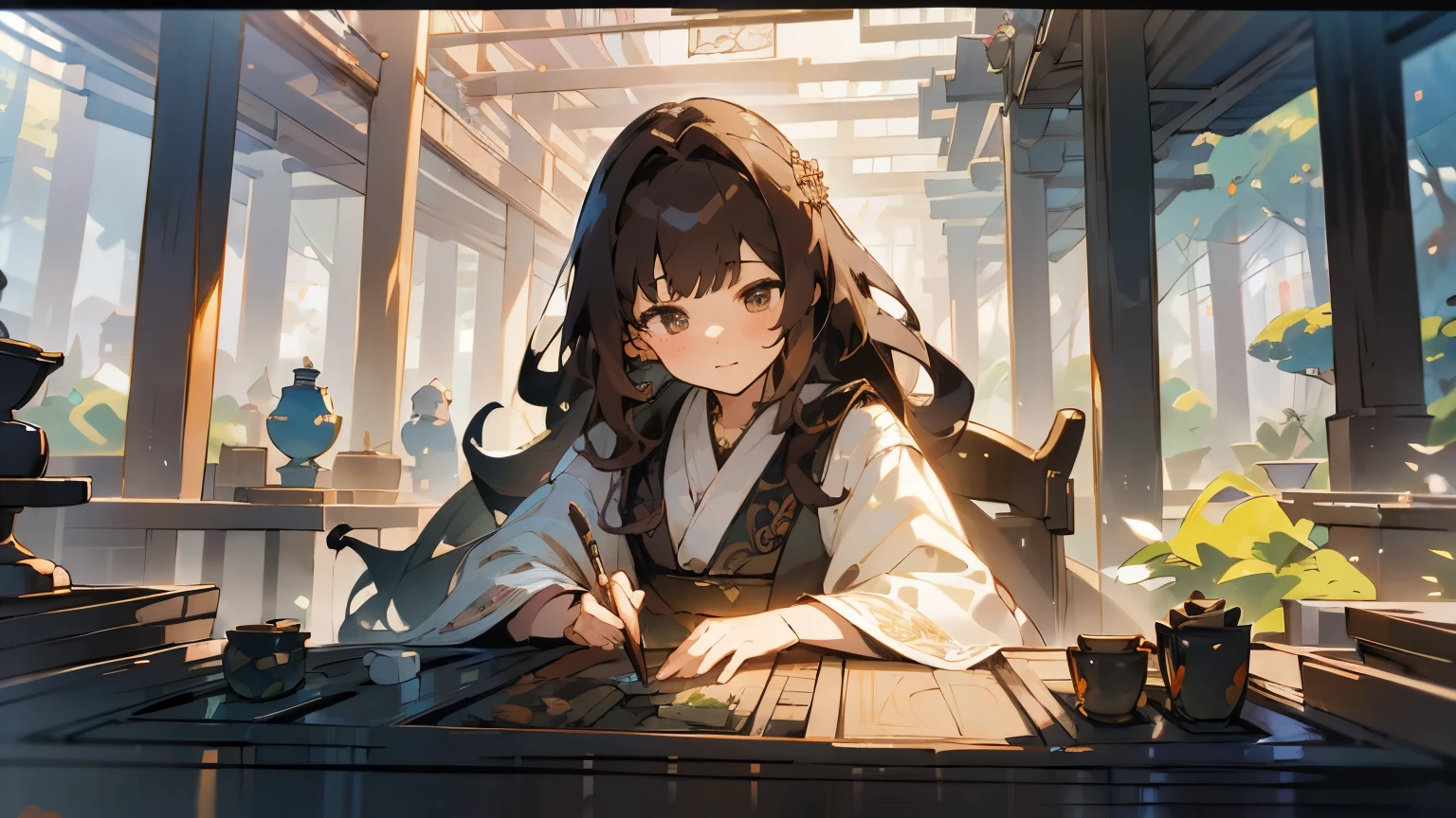 Cute female merchant selling magical items in a busy market,fantasic world,wearing robe,many goods display,masterpiece,soft line,cute face,wavy Brown hair,(extremely delicate and beautiful work), ((masuter piece)), (Best Quality) (detailed art),(very detailed),beautiful face,wearing robe,many light floating,castle floating over there,midnight,colorful art