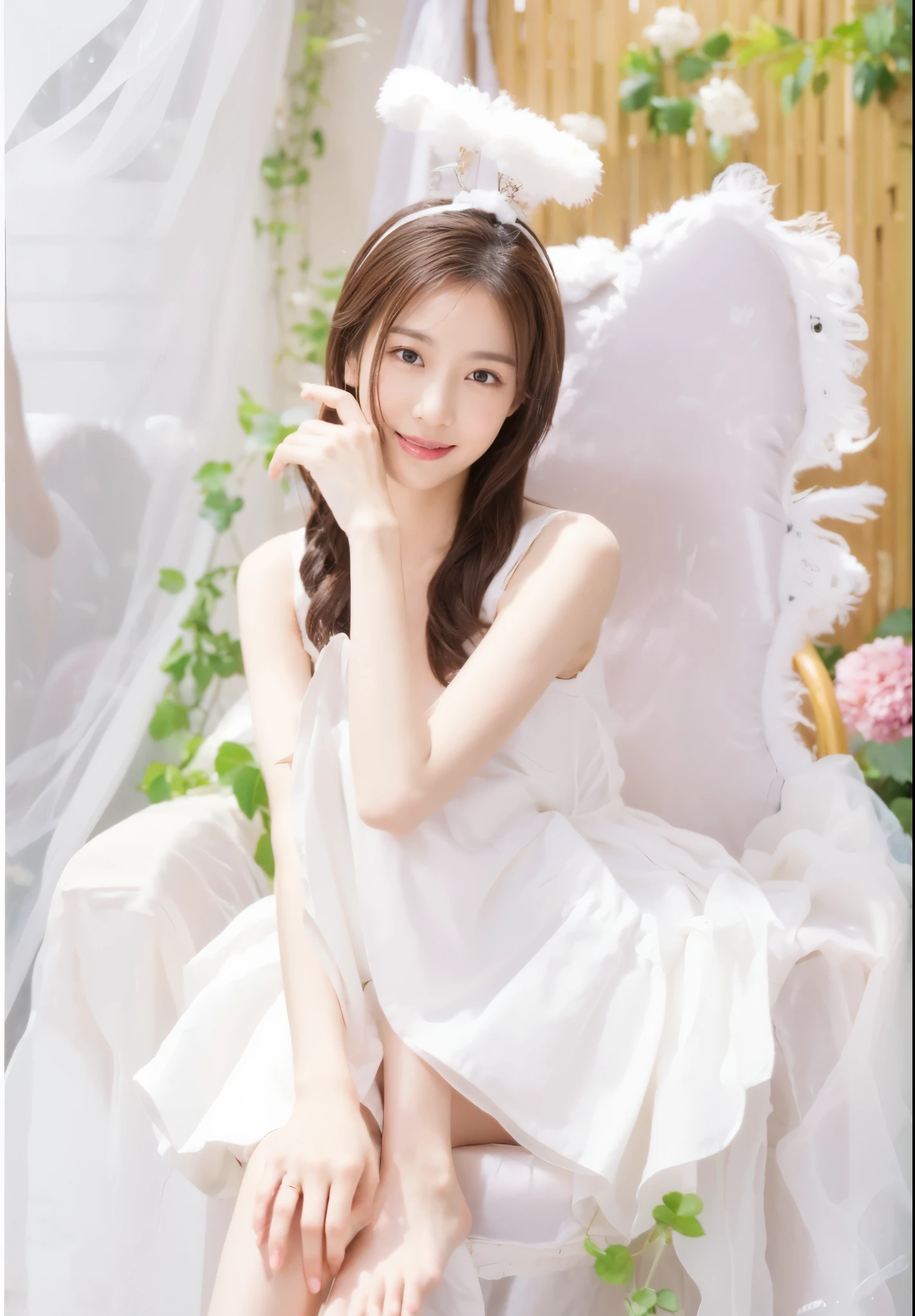 ((​Masterpiece, Top image quality, high resolution、alone、shiny skin))(on the table, best quality, actual, super detailed, meticulous, high resolution, 8k wallpaper), Close-up portrait of a beautiful woman, Chariada, smiling, light brown messy hair, Perfect dynamic composition, 美丽meticulous的眼睛, Just like the cover of a fashion magazine, on campus