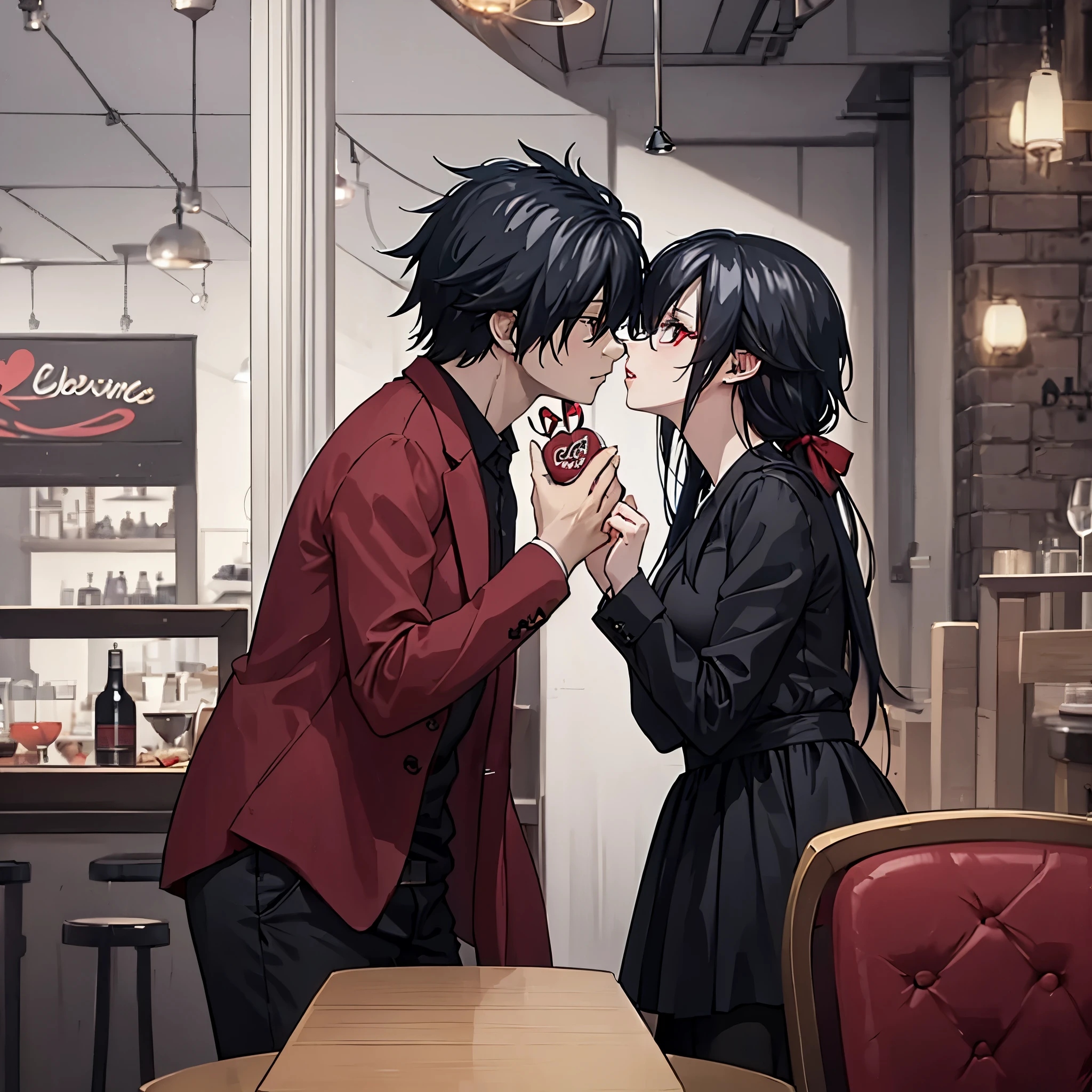 a man and a woman (red eye) in black casual clothes kissing each other on the lips in a restaurant decorated for Valentine's Day
