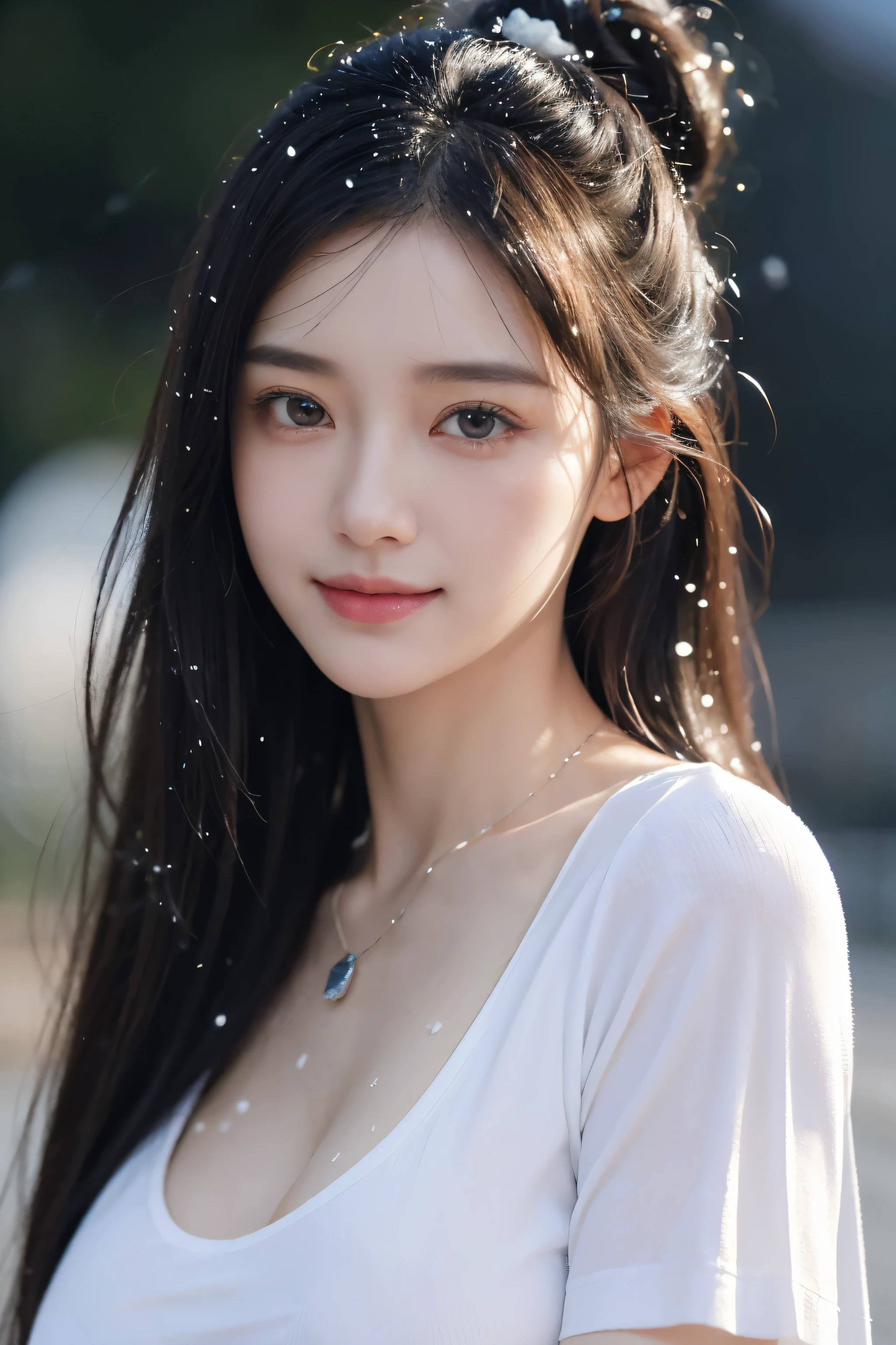 (top-quality,​masterpiece:1.3,超A high resolution,),(ultra-detailliert,Caustics),(Photorealsitic:1.4,RAW shooting,)Ultra-realistic capture,A highly detailed,high-definition16Kfor human skin、(Large breast) ((Jewelry)) ,Hair ornament , Necklace ,Skin texture is natural、、The skin looks healthy with an even tone、 Use natural light and color,One 25 years old , hair up, super big hair up, white body press t-shirt, tight_shirt, (smile:1.2), city street, (photorealistic:1.2), (ultra realistic:1.3), (very detailed:1.1), ((masterpiece)), super big round breast, mega big under tshirt, large breasts , wet clothes , (( wet body )) ,japanes,,kawaii,A dark-haired,Middle hair,(depth of fields、chromatic abberation, Wide range of lighting、Natural Shading、)、(Exterior light at night:1.4)、(Falling snow:1.3)、(Hair swaying in the wind:1.2)、(Light reflecting snow:1.0)  ,full mood expression ,  camera from front