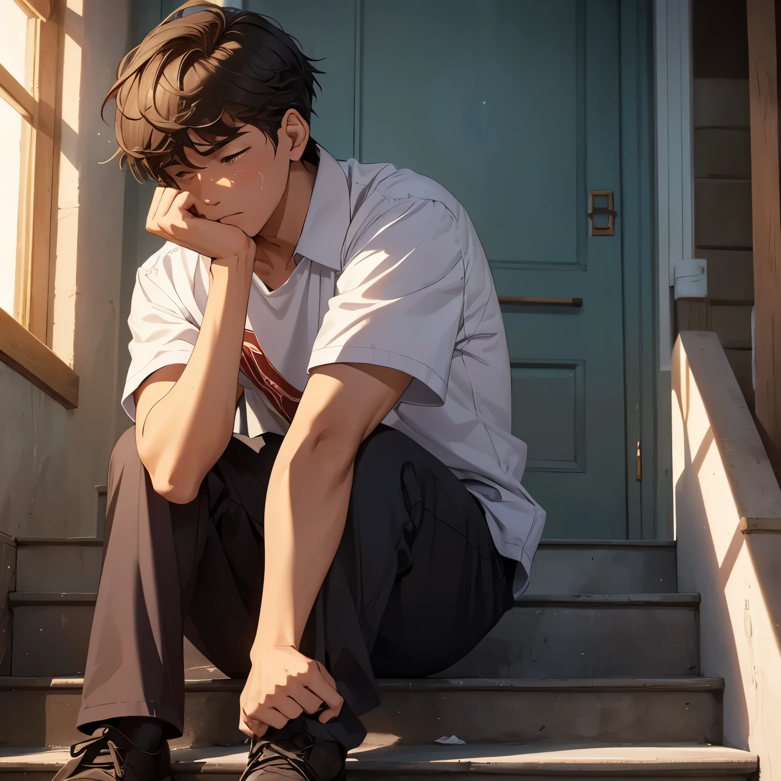 A handsome teenage boy sits on the stairs and wipes his tears with his hands while crying.