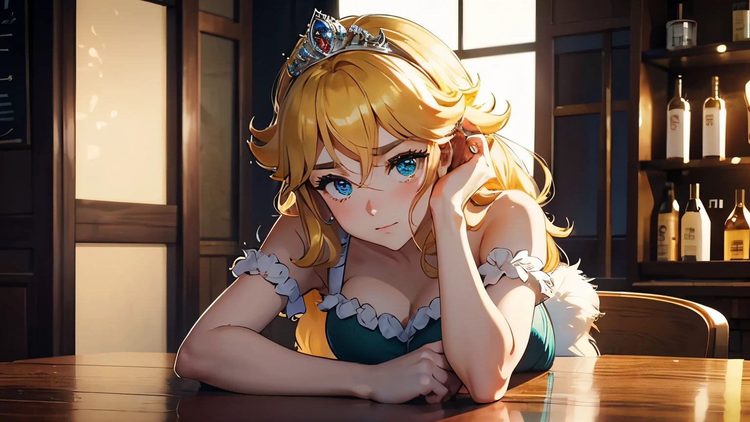 4K, A high resolution, Best quality at best, tmasterpiece, perfect colors, perfect shadow, perfect litthing, ((sportrait)), bright green eyes,With round lenses, The audience watched carefully, (s face: 1.2), Perfect female figure, ((princess peach dress)), ((looking and shy at viewert)), (Perfect thick white eyebrows) Delicate fur, 详细s face, s the perfect shy face, At a in an coffee shop , Comfortable background, perfect decoration, lighting atmosphere, ((Bonifasko lighting)), (The round lenses on his eyes)(詳細な目), Perfect student