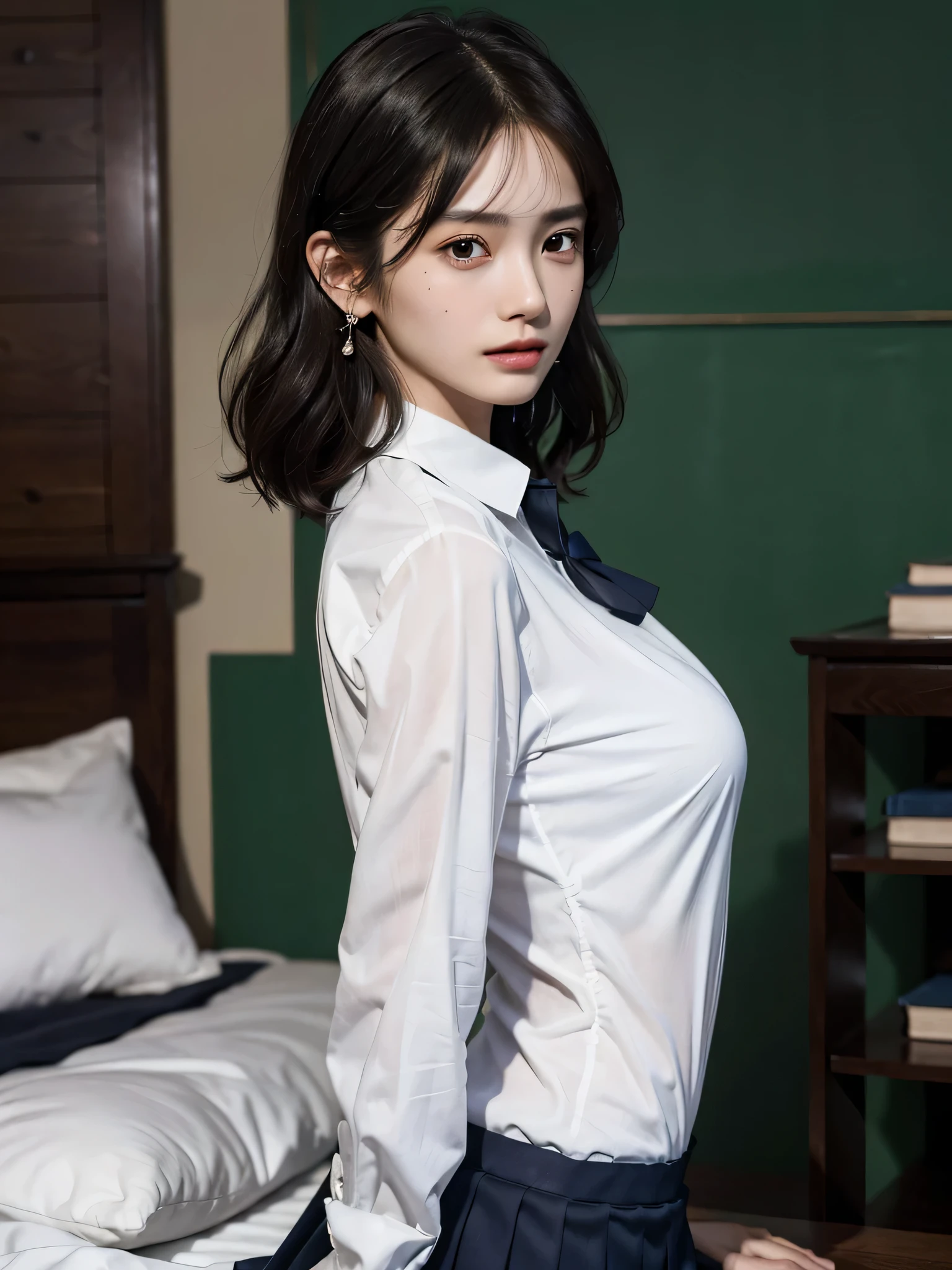 disorganized, RAW photo, very delicate and beautiful, masterpiece, highest quality, ultra high resolution, 16k, surreal, super detailed, perfect anatomy, super dense skin, perfect figure, Highly detailed CG 8k wallpaper, 20's, very slim body, (tight waist:1.1), very small head, very small face, delicate features, tearful mole, earrings, thin legs, (very huge round breasts:1.1), (full body shot:1.1), short hair, wavy hair, (school uniform:1.1), (dress shirt:1.1),