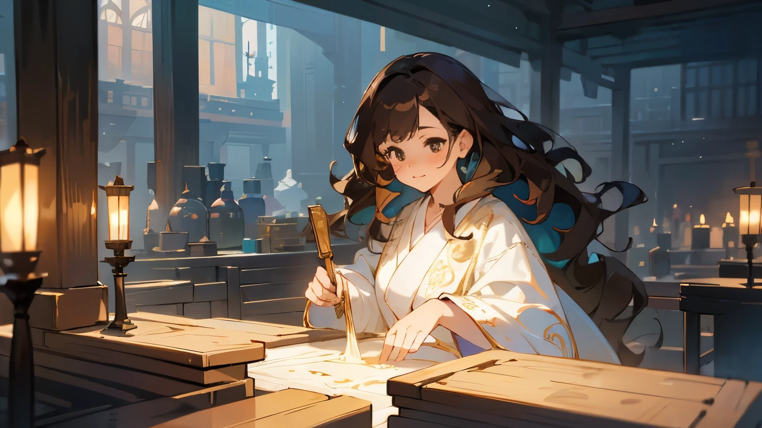 Cute female merchant selling magical items in a busy market,fantasic world,wearing robe,many goods display,masterpiece,soft line,cute face,wavy Brown hair,(extremely delicate and beautiful work), ((masuter piece)), (Best Quality) (detailed art),(very detailed),beautiful face,wearing robe,many light floating,castle floating over there,midnight,colorful art