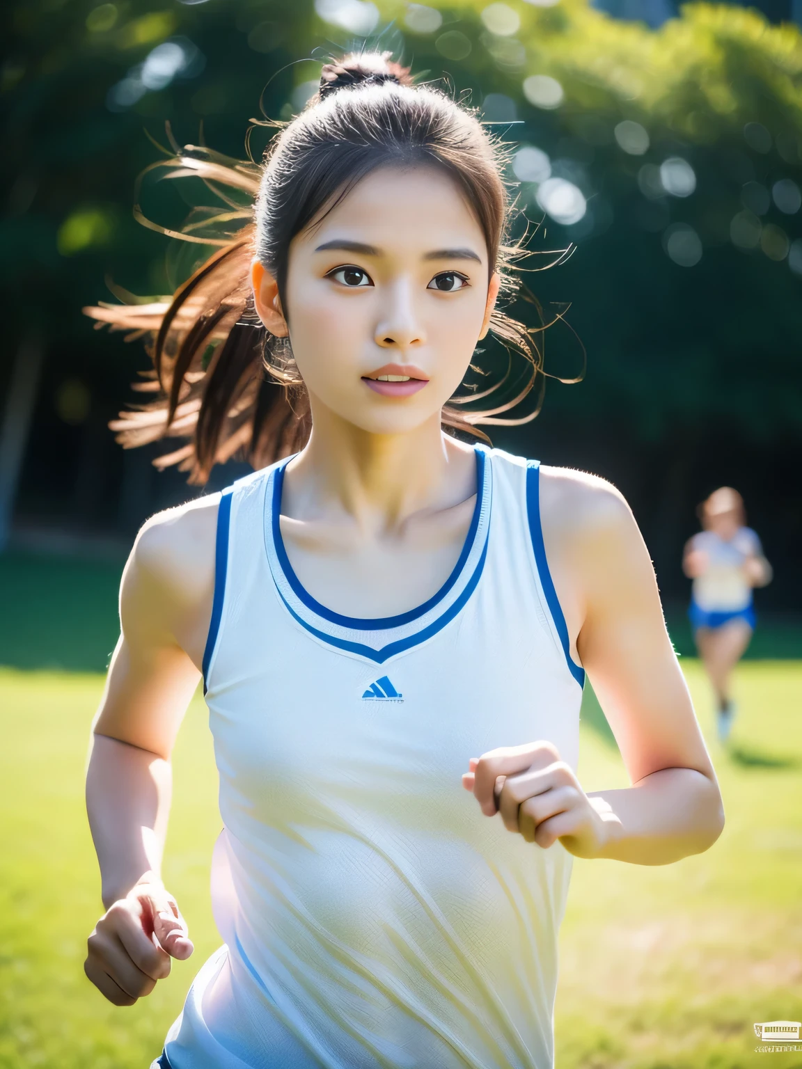 (masterpiece,highest quality:1.4),(8K,RAW photo,realistic:1.2),(shiny skin),fine skin,detailed face,fine eyes,1 girl,Upper body,japanese idol,very beautiful face,Girl Running,Wearing sportswear ,outdoor