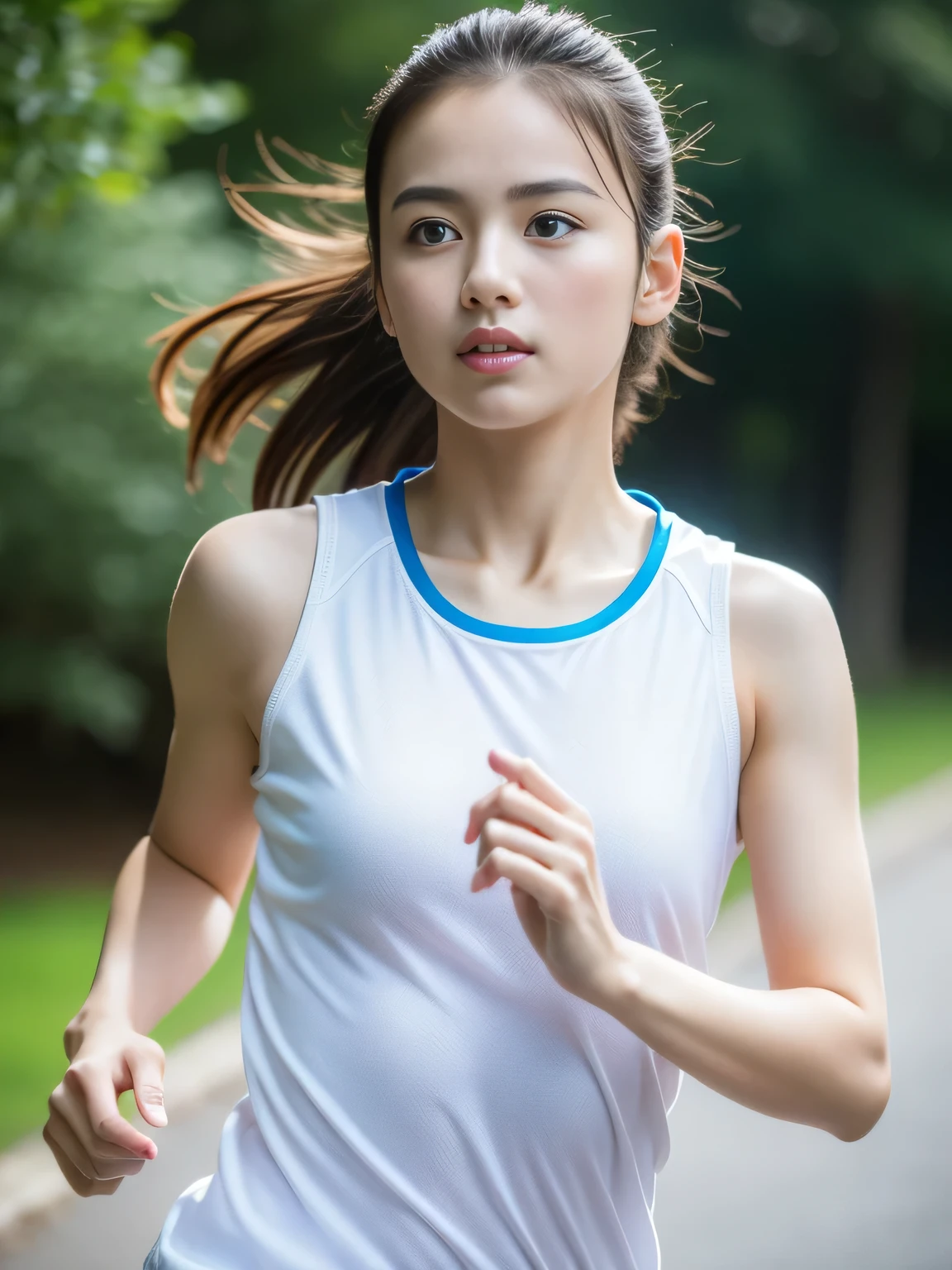 (masterpiece,highest quality:1.4),(8K,RAW photo,realistic:1.2),(shiny skin),fine skin,detailed face,fine eyes,1 girl,Upper body,japanese idol,very beautiful face,Girl Running,Wearing sportswear ,outdoor