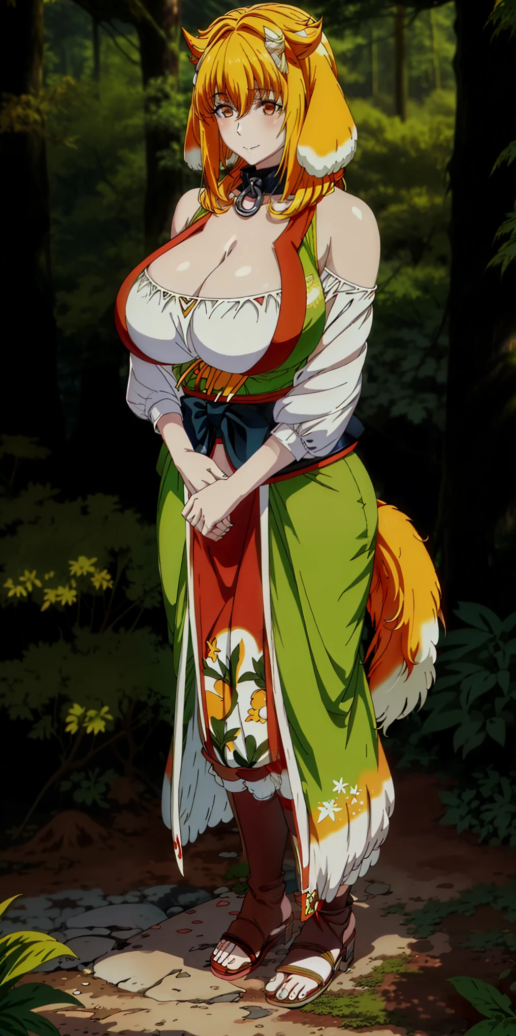 (japanese girl), ((fluffy dog ears)), ((red horns)), ((very muscular)), huge breast, animal print clothes, ((blonde hair)), thick eyebrow, (japanese oni), in a forest in japan, japanese clothes, smirking lustful smile, full body of a woman in a dress with a veil, feet together, standing feet together, militar boots, beautiful fantasy maiden slave warrior,